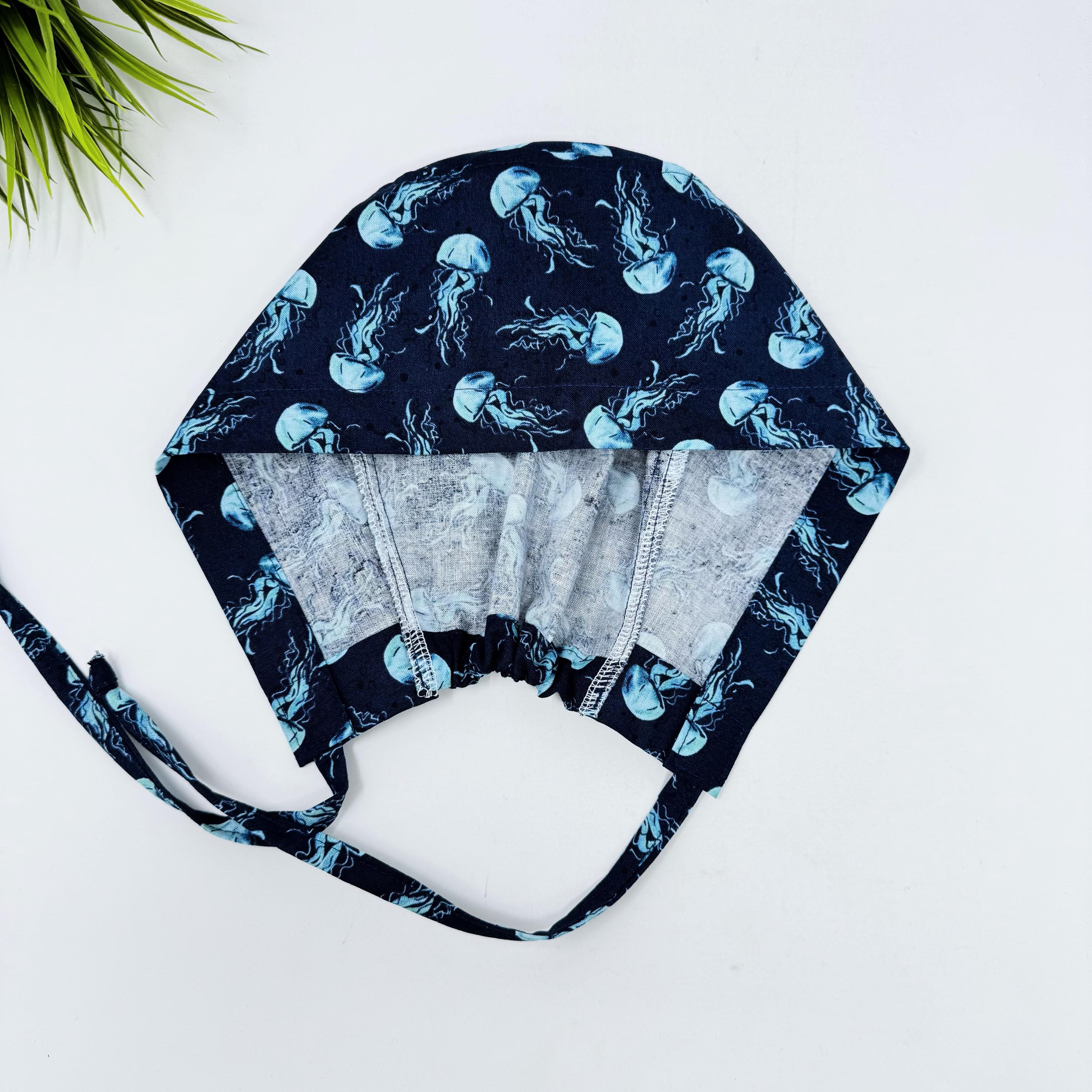 Jellyfish Surgical scrub cap for men. Navy Blue Ocean Print tie back scrub hat by Paradise Caps.