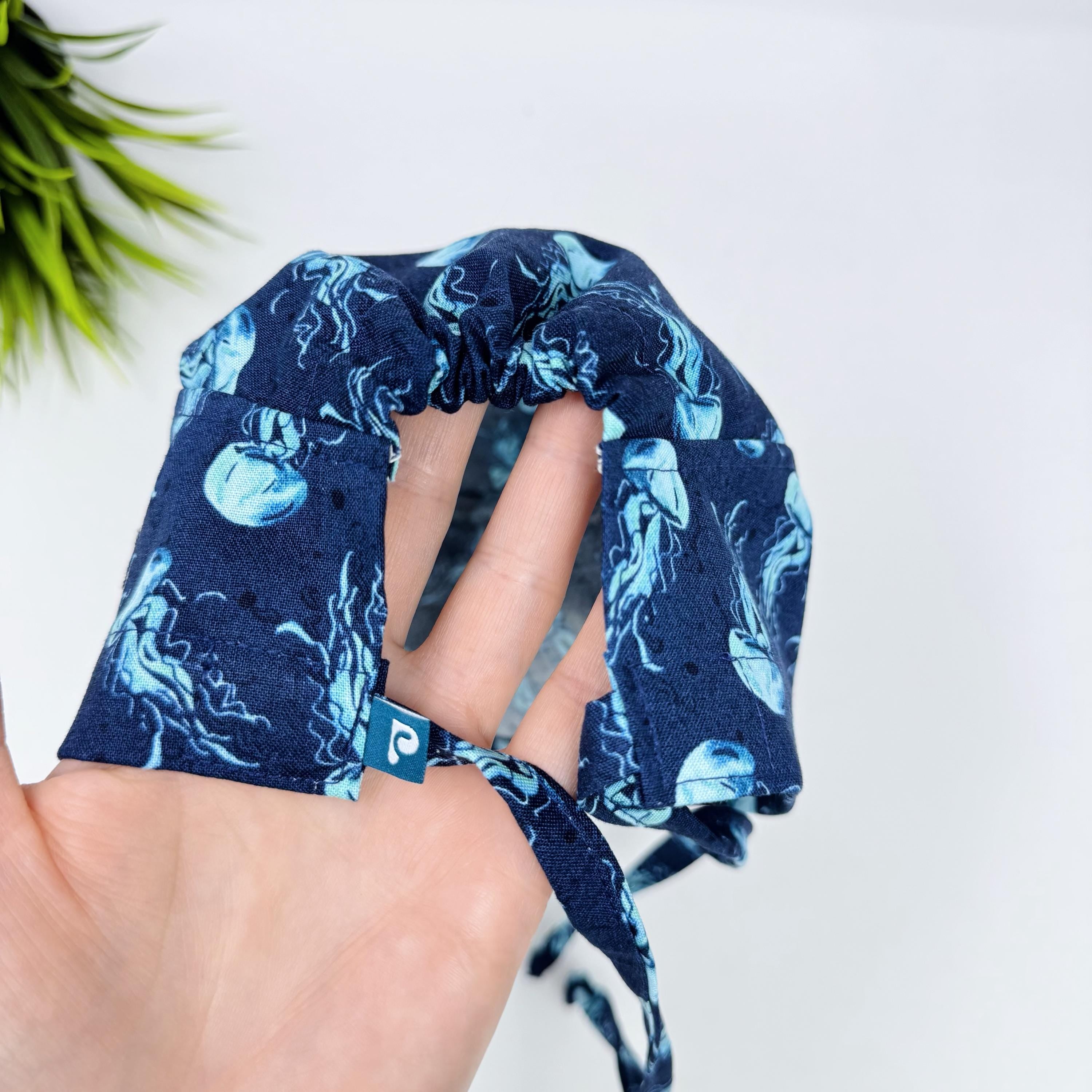 Jellyfish Surgical scrub cap for men. Navy Blue Ocean Print tie back scrub hat by Paradise Caps.