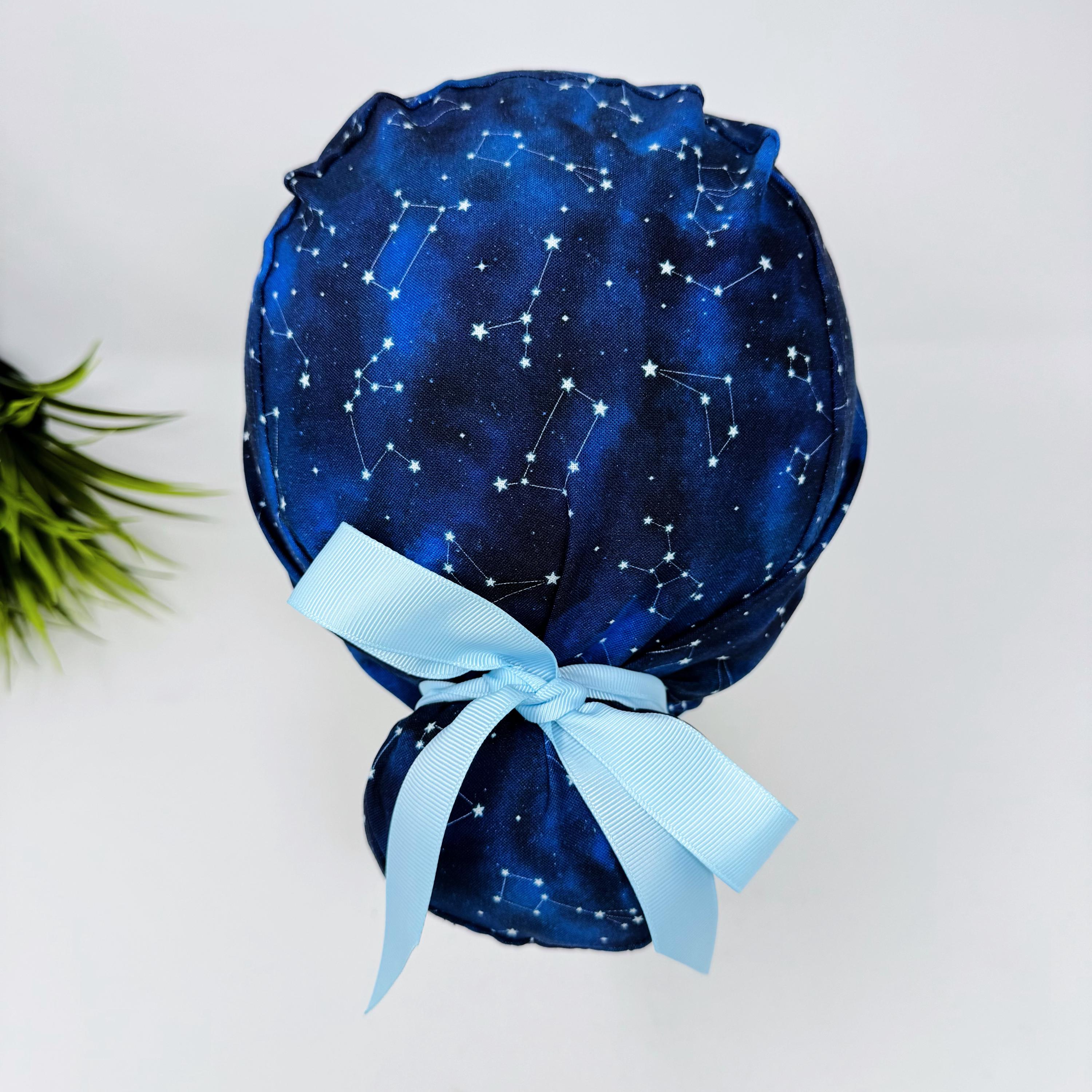 Euro scrub cap with ties for women. Constellation Blue European satin lined surgical cap by Paradise Caps. Euro PLUS style.