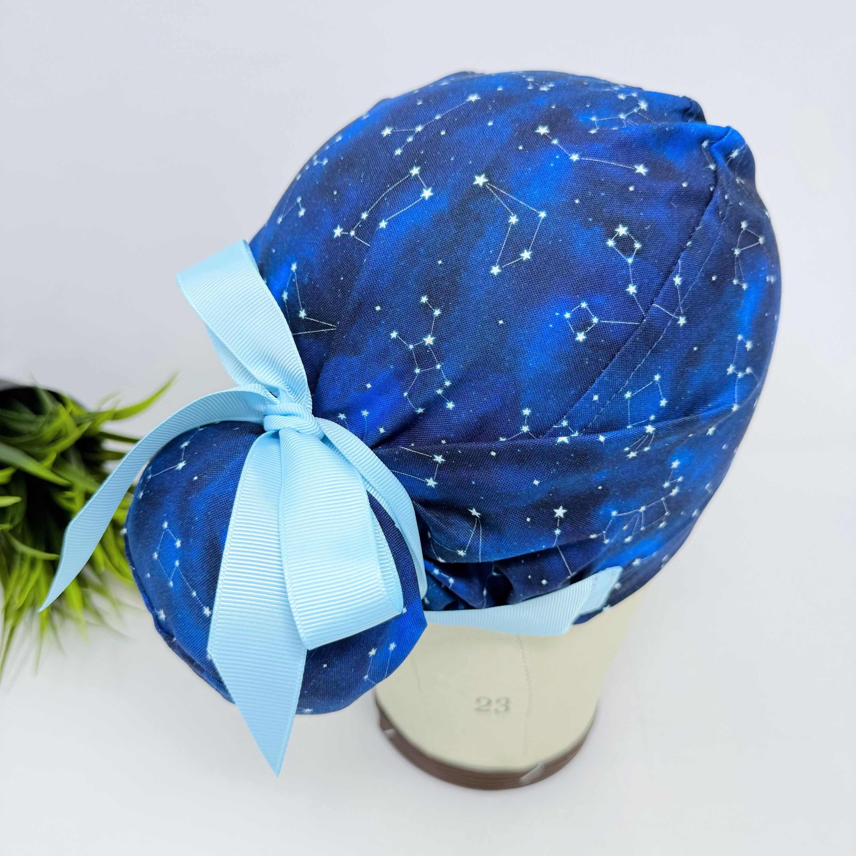 Euro scrub cap with ties for women. Constellation Blue European satin lined surgical cap by Paradise Caps. Euro PLUS style.