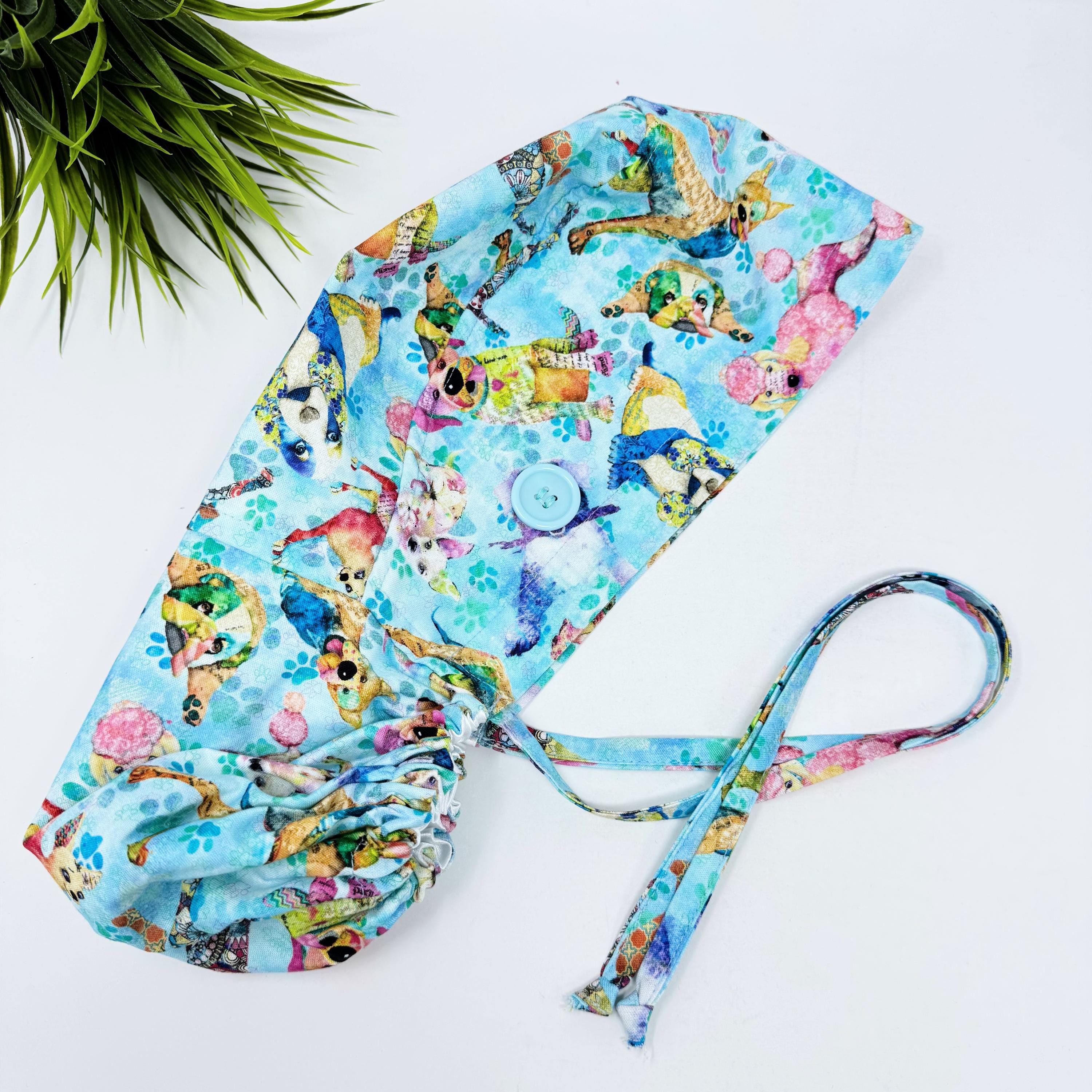 Dog Print Ponytail Scrub Cap. Satin Lined Surgical Cap by Paradise Caps