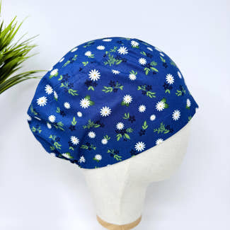 Euro scrub cap for women. Navy Daisy European surgical hat with satin lined by Paradise Caps.