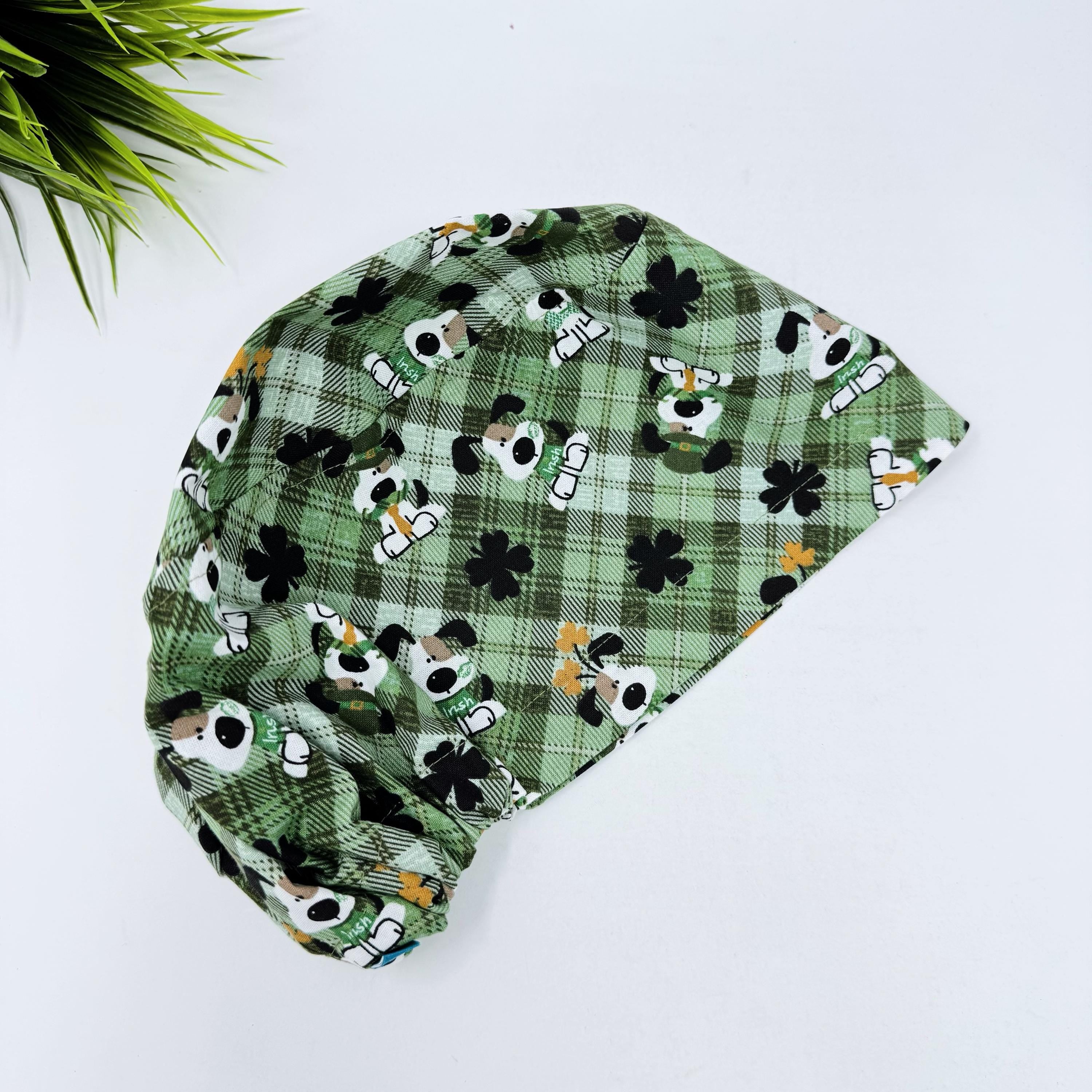 Dog Euro scrub cap for women. European surgical cap with satin lined by Paradise Caps. St. Patrick’s Day.