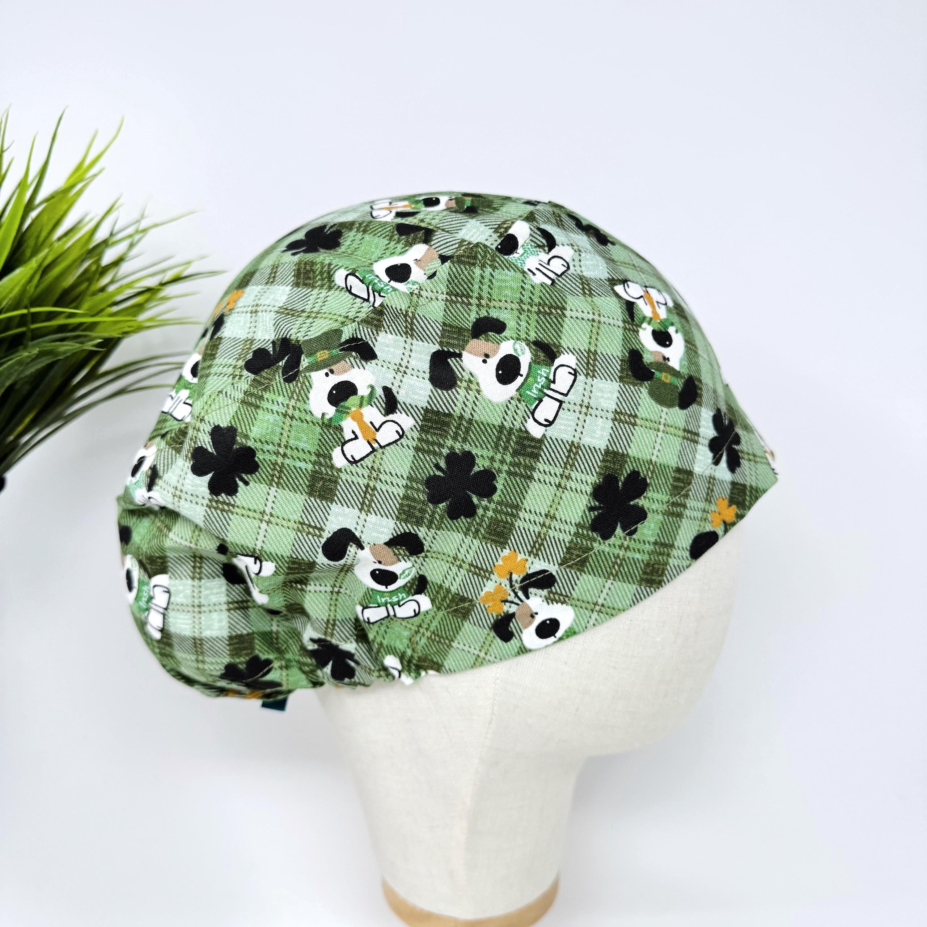 Dog Euro scrub cap for women. European surgical cap with satin lined by Paradise Caps. St. Patrick’s Day.