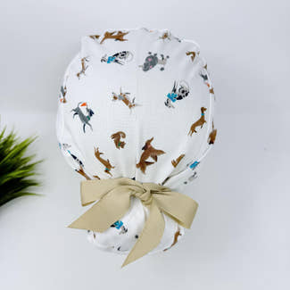 Euro scrub cap with ties for Women. Funny dogs European Surgical hat with Satin Lined Option by Paradise Caps. Euro PLUS style.