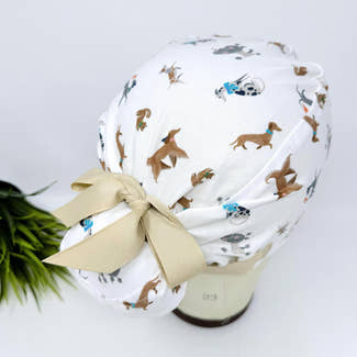 Euro scrub cap with ties for Women. Funny dogs European Surgical hat with Satin Lined Option by Paradise Caps. Euro PLUS style.