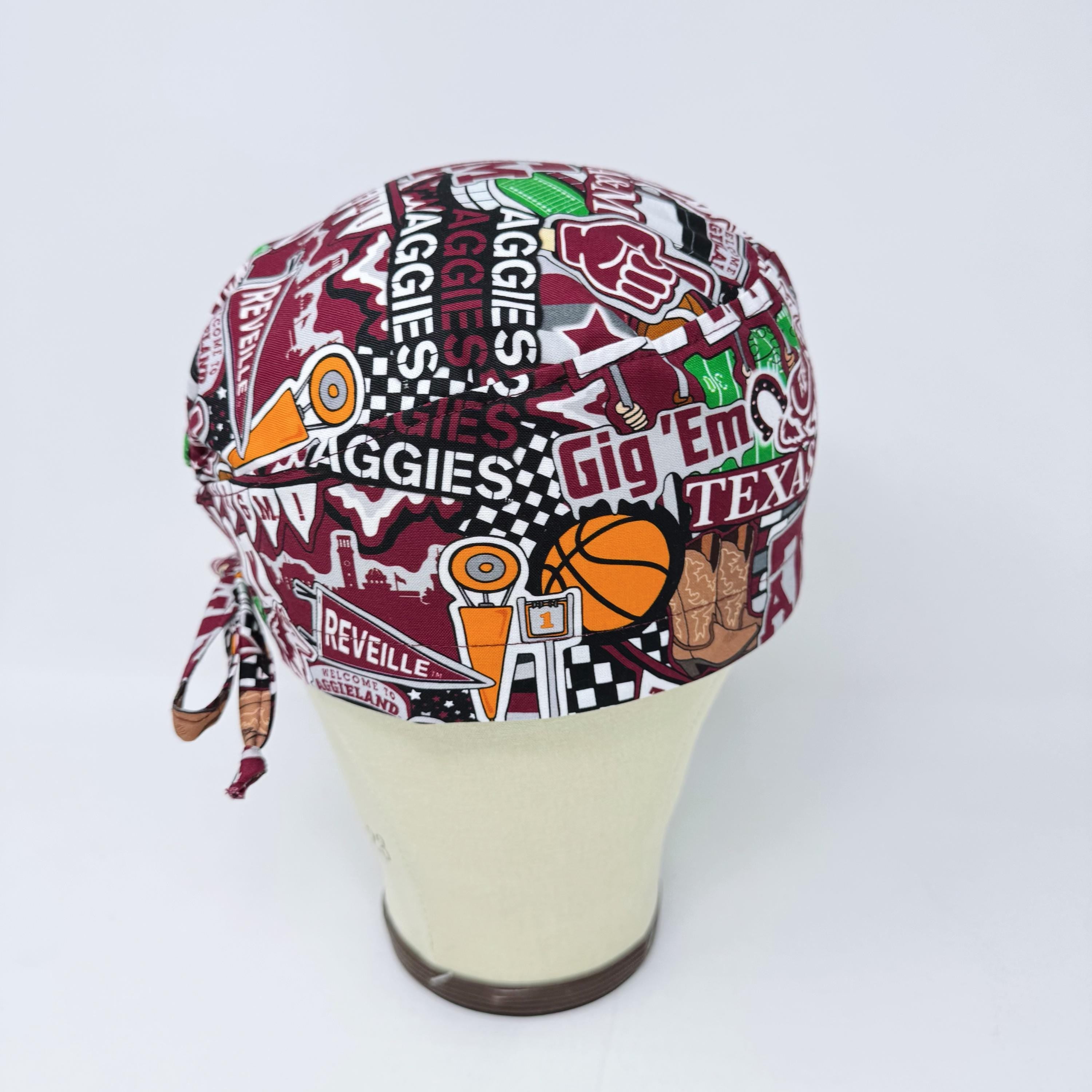 Texas Men's surgical cap. A&M skull tie-back style scrub cap by Paradise Caps.