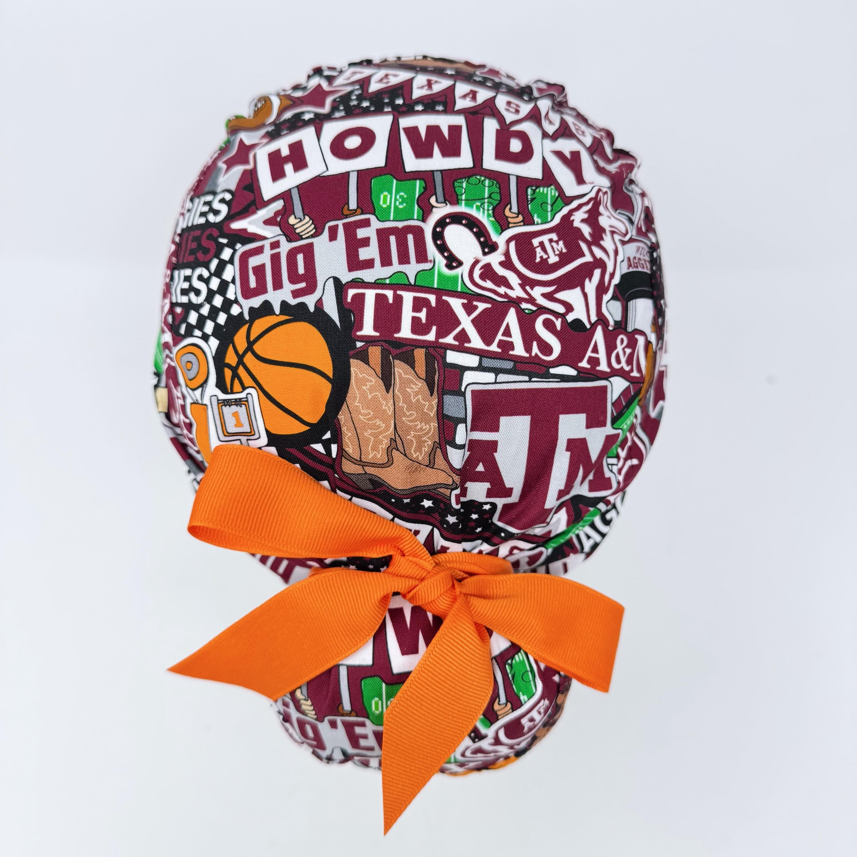 Euro scrub cap with ties for Women. Texas A&M European Surgical cap with Satin Lined by Paradise Caps. Euro PLUS style.