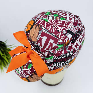 Euro scrub cap with ties for Women. Texas A&M European Surgical cap with Satin Lined by Paradise Caps. Euro PLUS style.