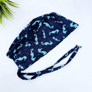 Mens Surgical scrub cap. Ocean Seahorse Print tie back scrub hat by Paradise Caps.