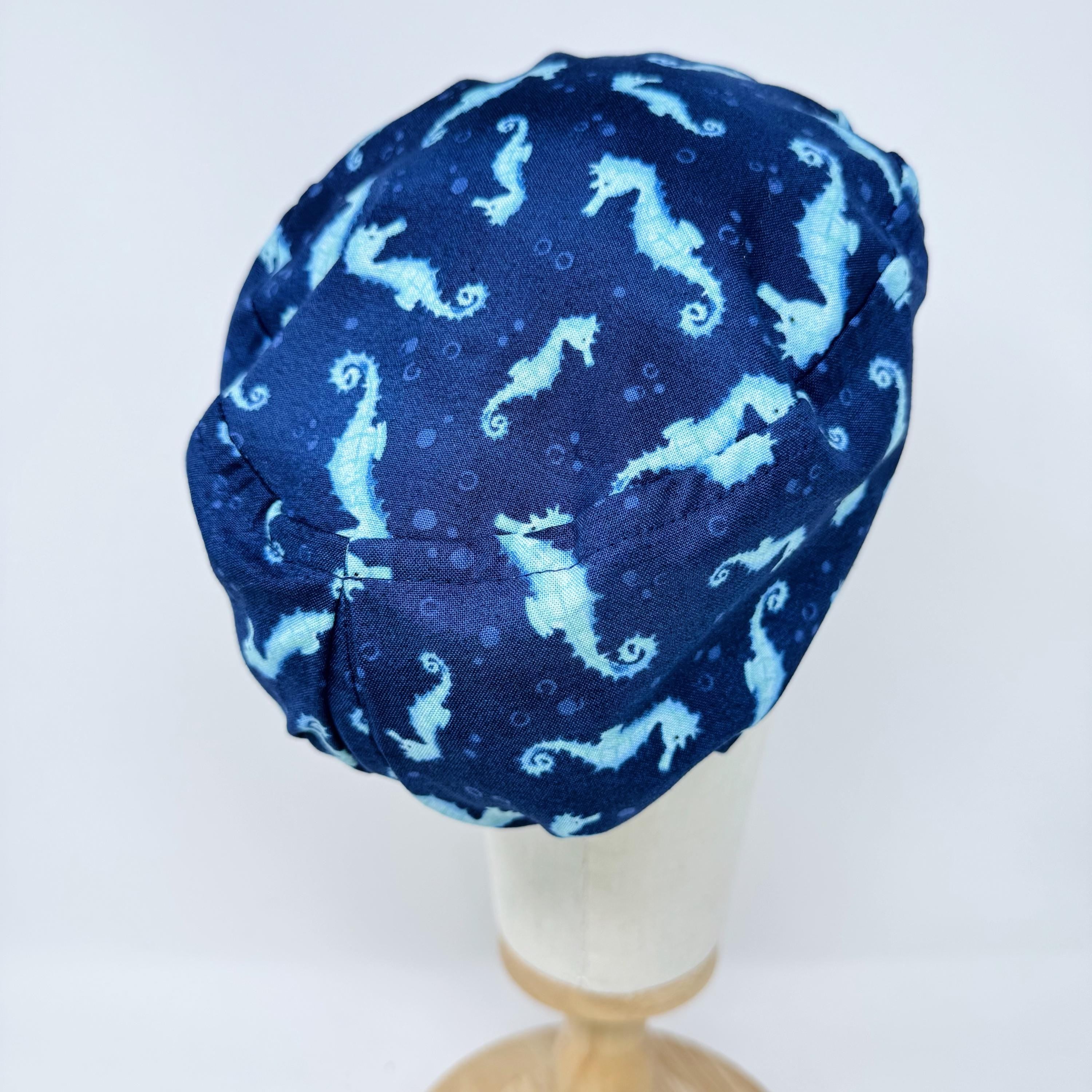 Euro scrub cap for women. Ocean Seahorse Print surgical hat with satin lined option by Paradise Caps.