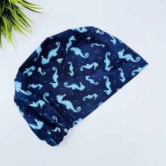 Euro scrub cap for women. Ocean Seahorse Print surgical hat with satin lined option by Paradise Caps.