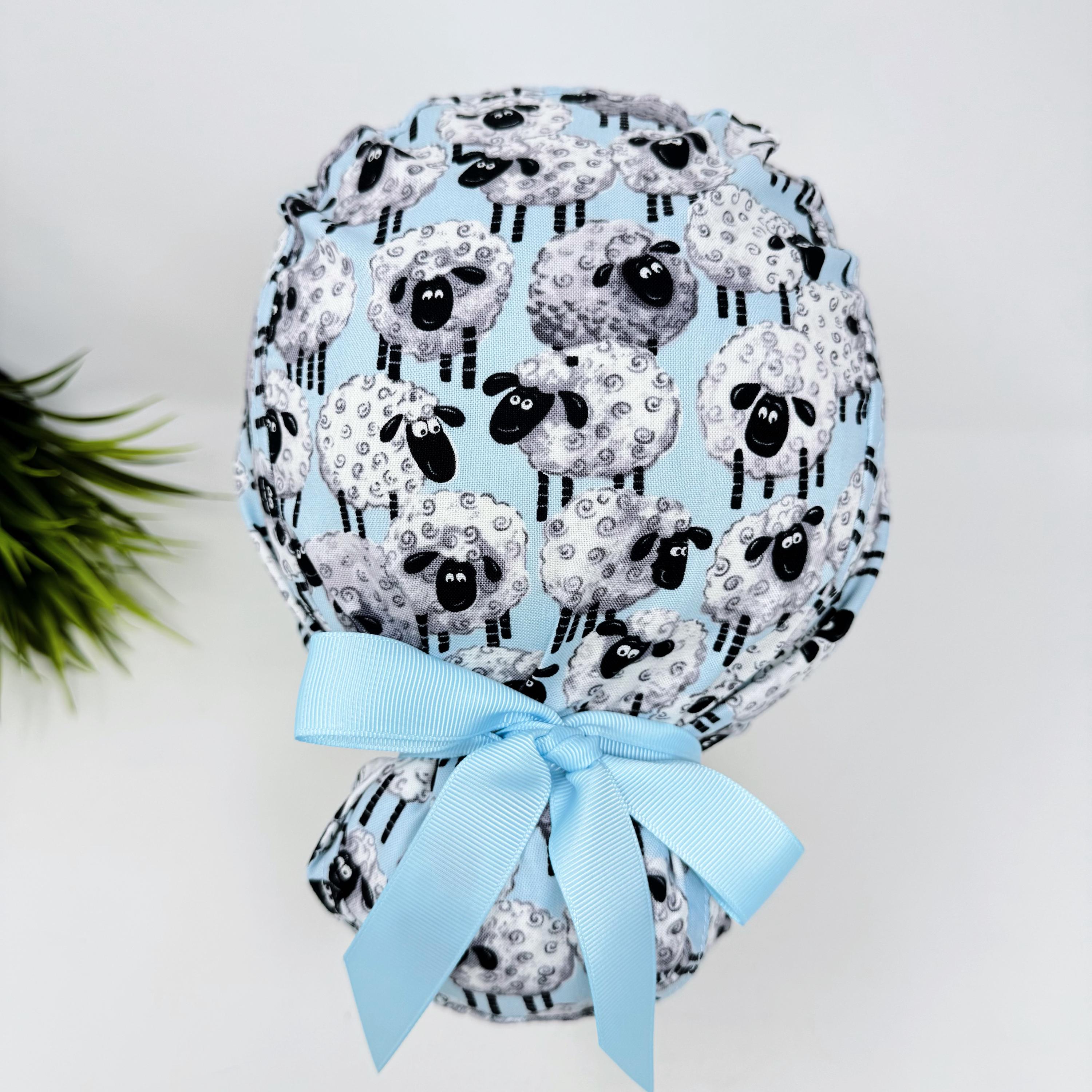 Euro scrub cap with ties for Women. Sheep European Surgical cap with Satin Lined Option by Paradise Caps. Euro PLUS style.