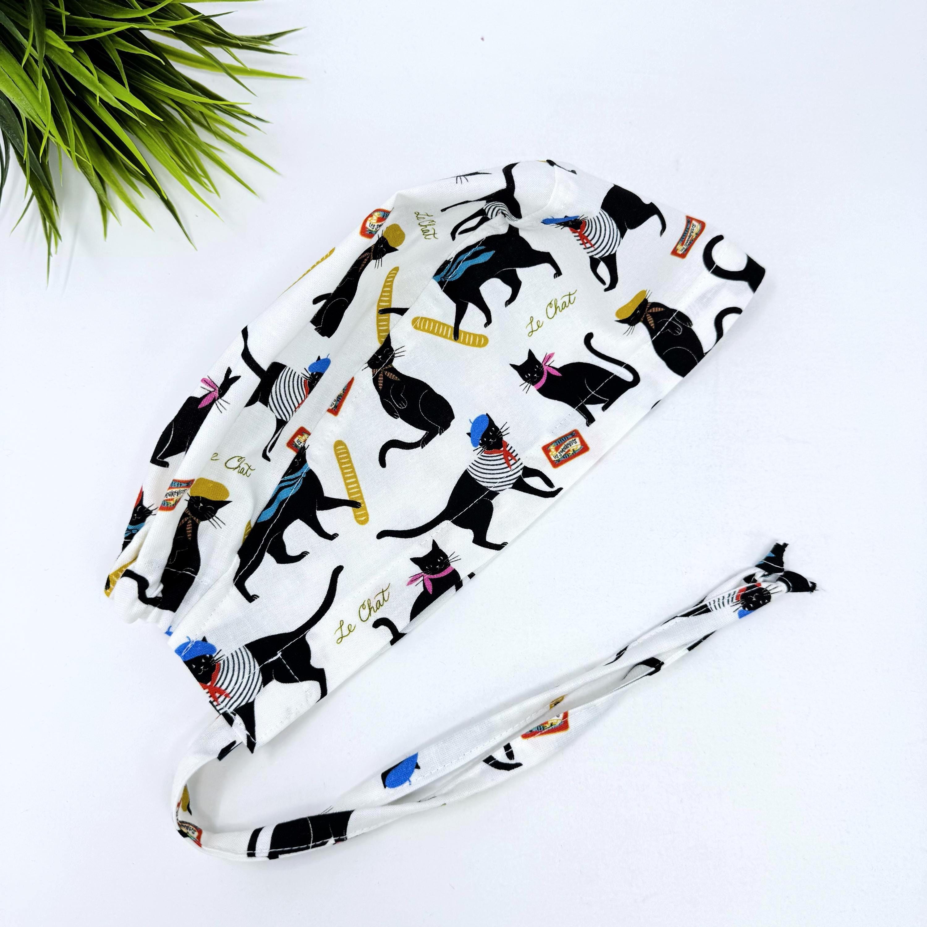 Surgical scrub cap for men. Parisian Cat tie back scrub hat by Paradise Caps.