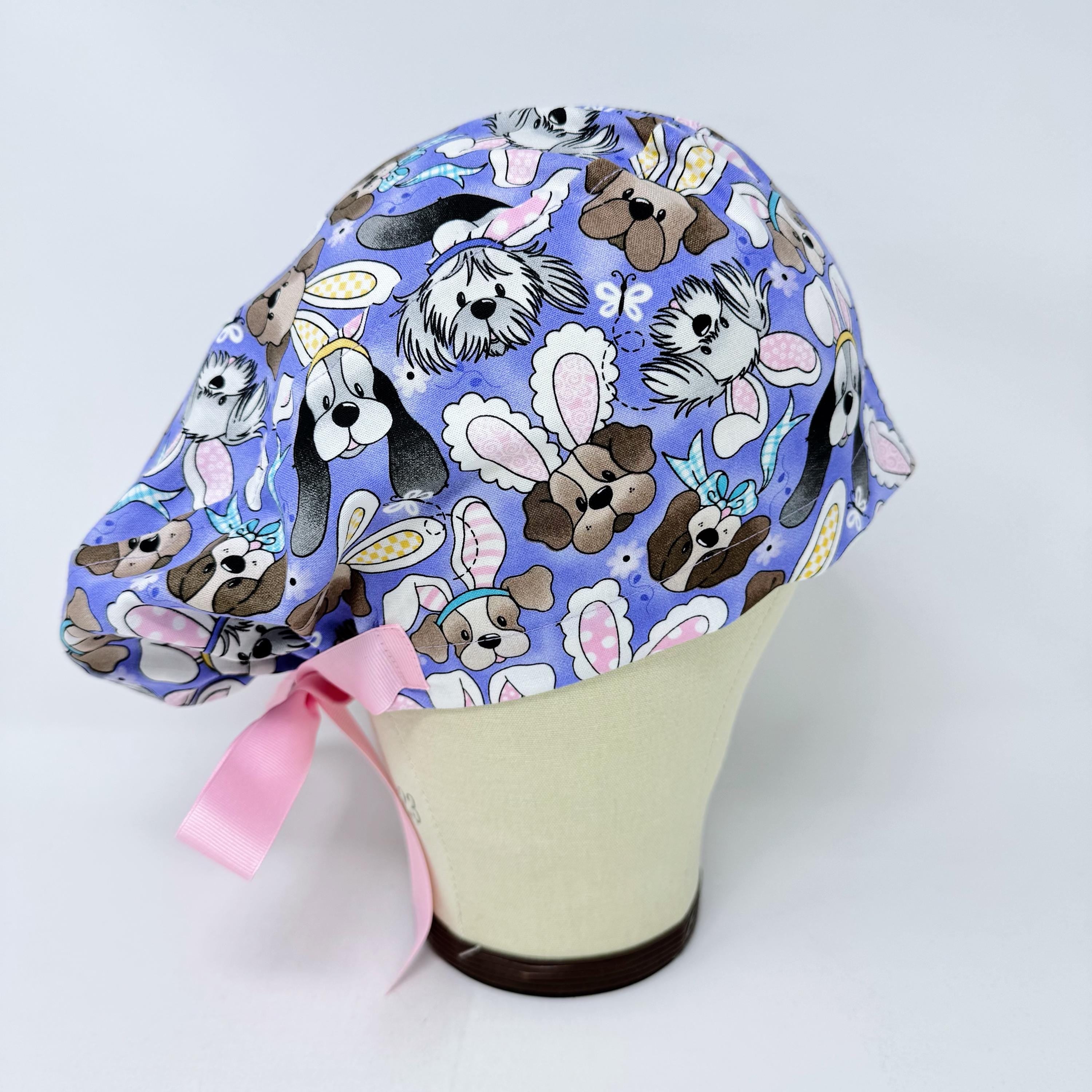 Euro scrub cap with ties for Women. Easter Bunny & Puppy European Surgical cap with Satin Lined option by Paradise Caps. Euro PLUS style.