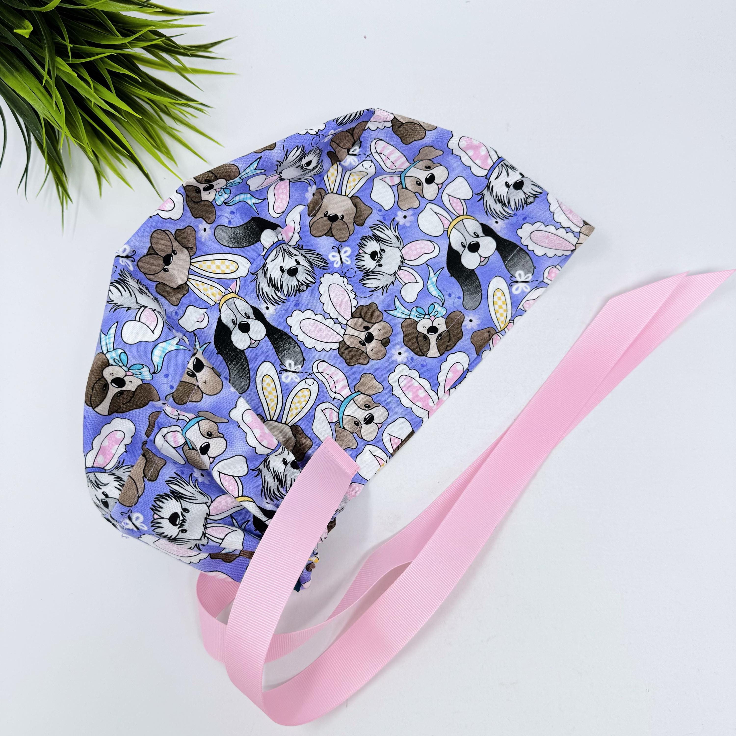 Euro scrub cap with ties for Women. Easter Bunny & Puppy European Surgical cap with Satin Lined option by Paradise Caps. Euro PLUS style.