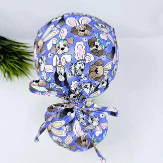 Ponytail Scrub Cap for Women. Easter Bunny & Puppy Surgical hat with ponytail by Paradise Caps. Satin Lined Option.