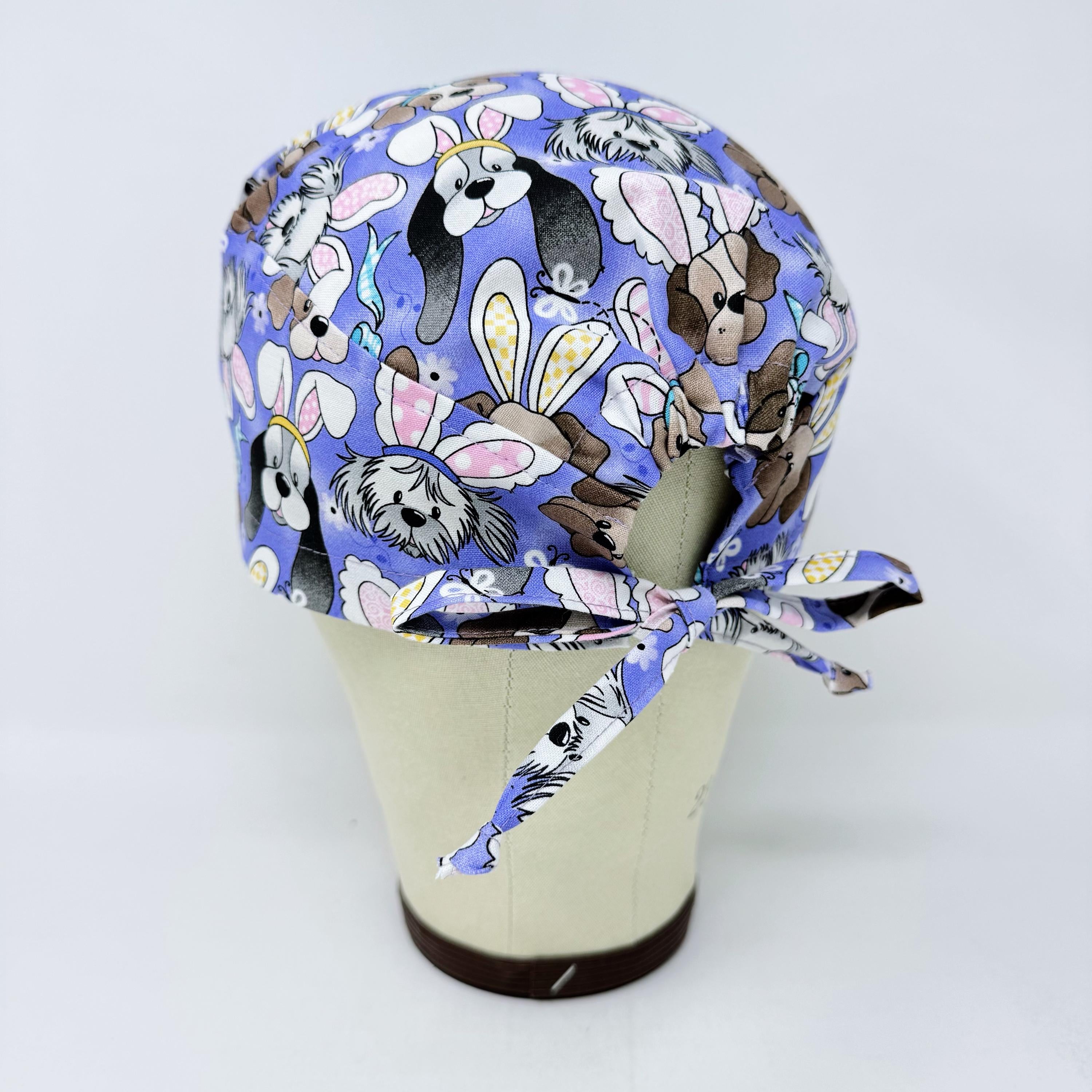 Men's surgical scrub cap. Easter Bunny & Puppy skull tie-back style scrub cap by Paradise Caps.