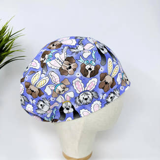 Euro Scrub Cap for Women. Easter Bunny & Puppy Surgical hat with Satin Lined option by Paradise Caps.