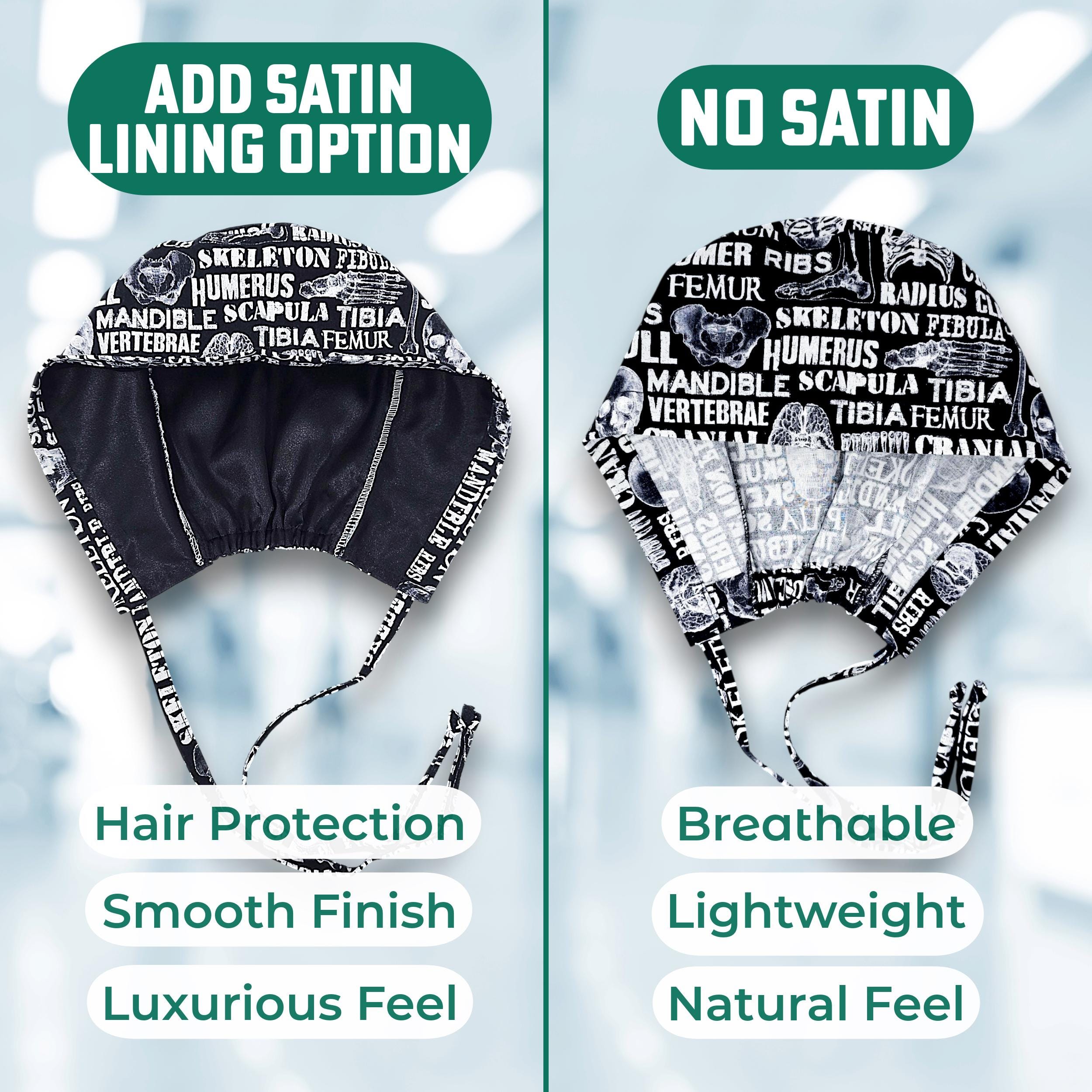 Men's surgical scrub cap. Route 66 Retro Diner satin lined option skull tie-back style scrub hat by Paradise Caps.