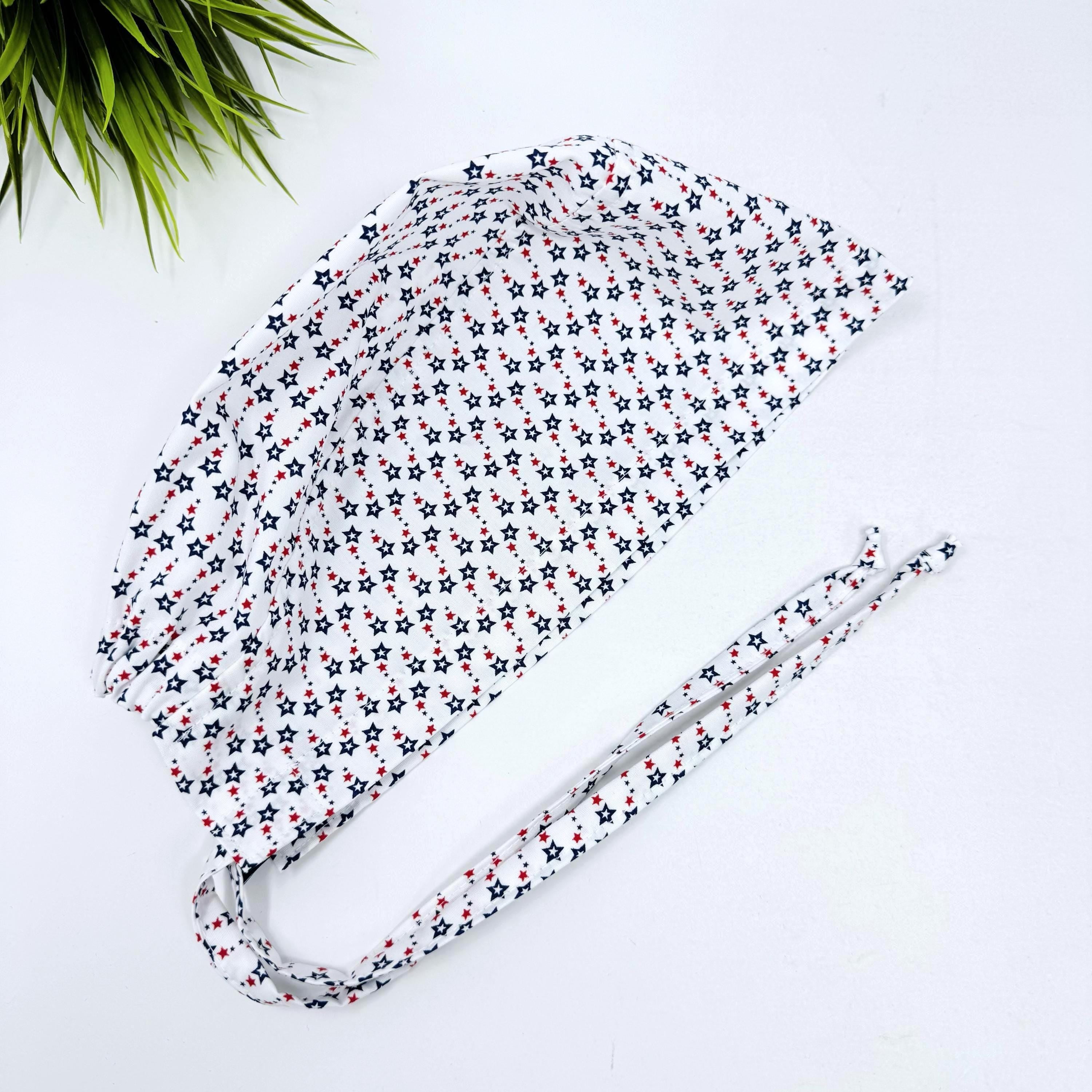 4th of July Men's surgical cap. Star satin lined skull tie-back style scrub cap by Paradise Caps.