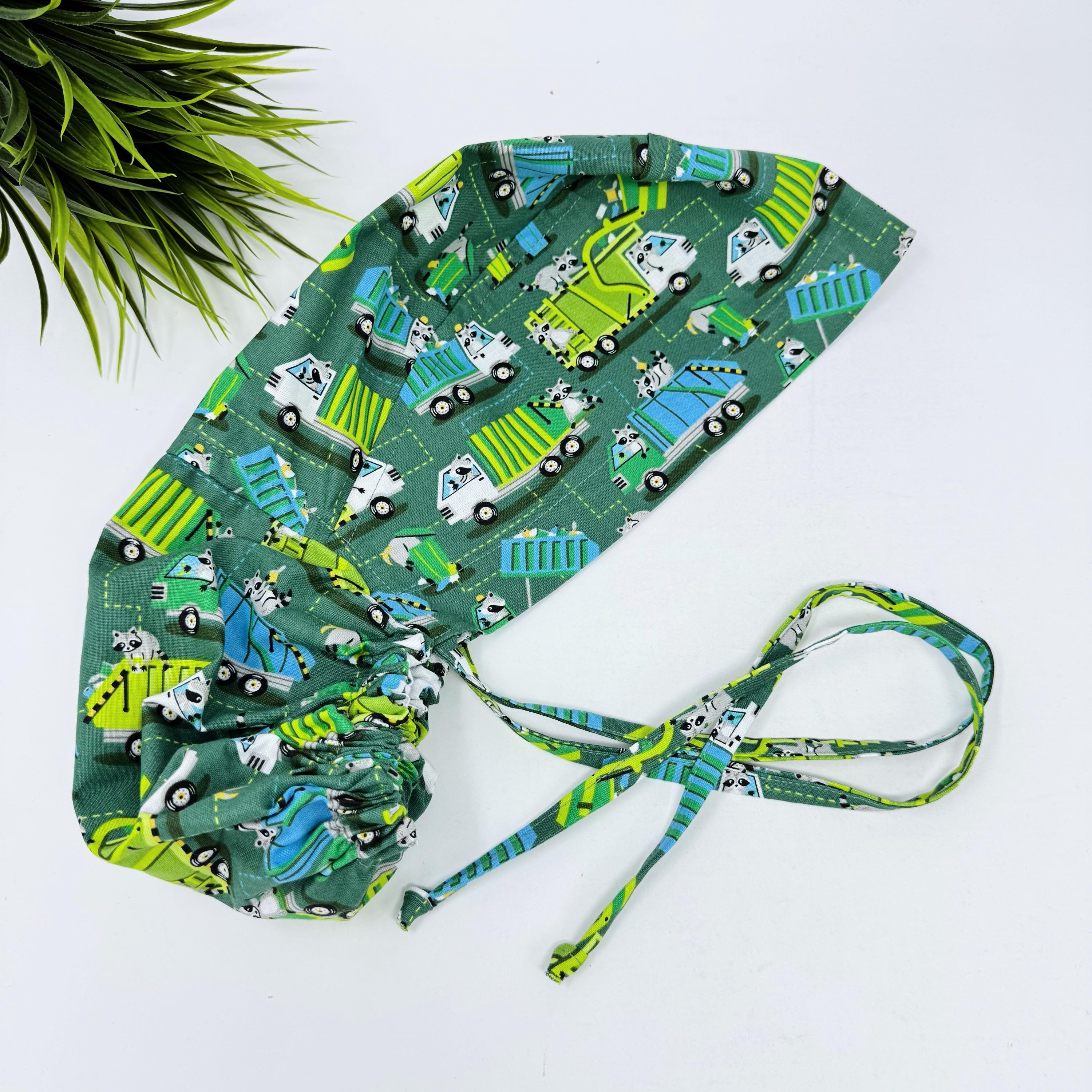 Ponytail scrub cap women. Garbage Truck Raccoon Satin Lined Option Surgical hat with ponytail by Paradise Caps.