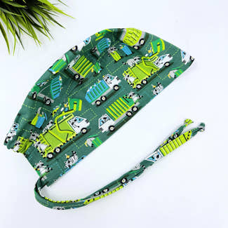 Men's surgical scrub cap. Garbage Truck Raccoon surgical hat by Paradise Caps.