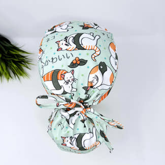 Cat Ponytail scrub cap for women by Paradise Caps. Satin lined Option surgical hat with ponytail.