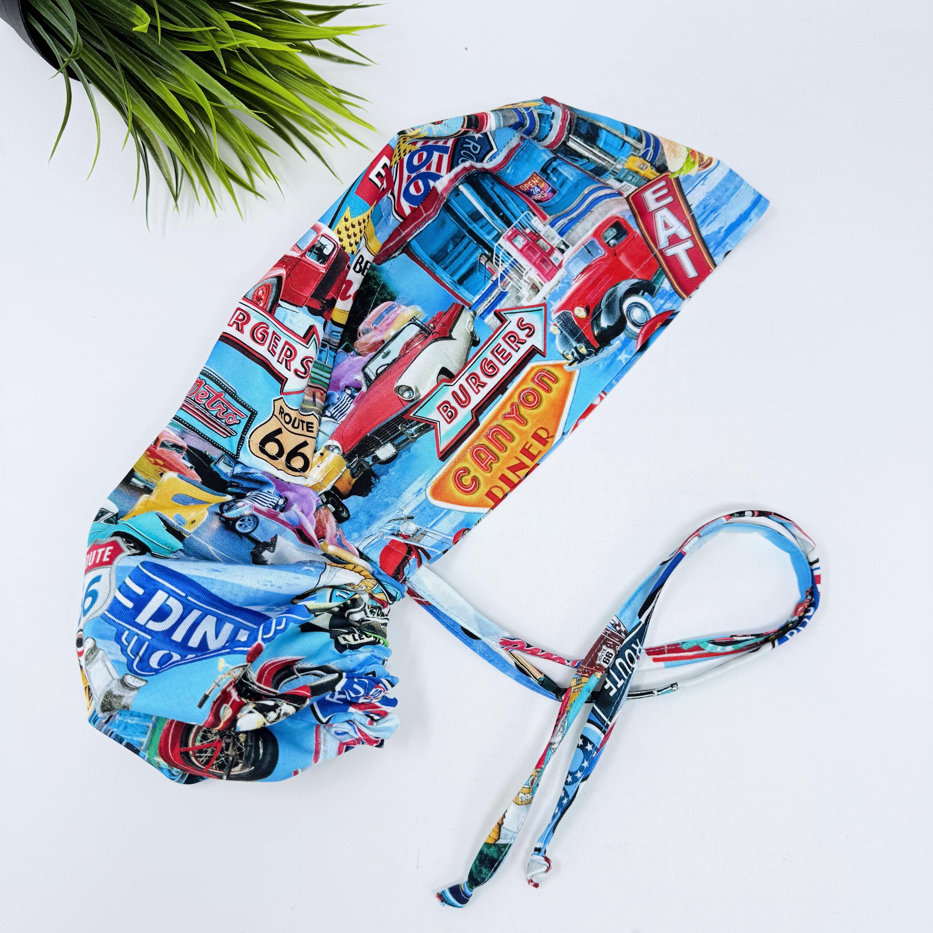 Ponytail scrub cap for women. Route 66 Retro Diner Satin Lined option Surgical hat with ponytail by Paradise Caps.