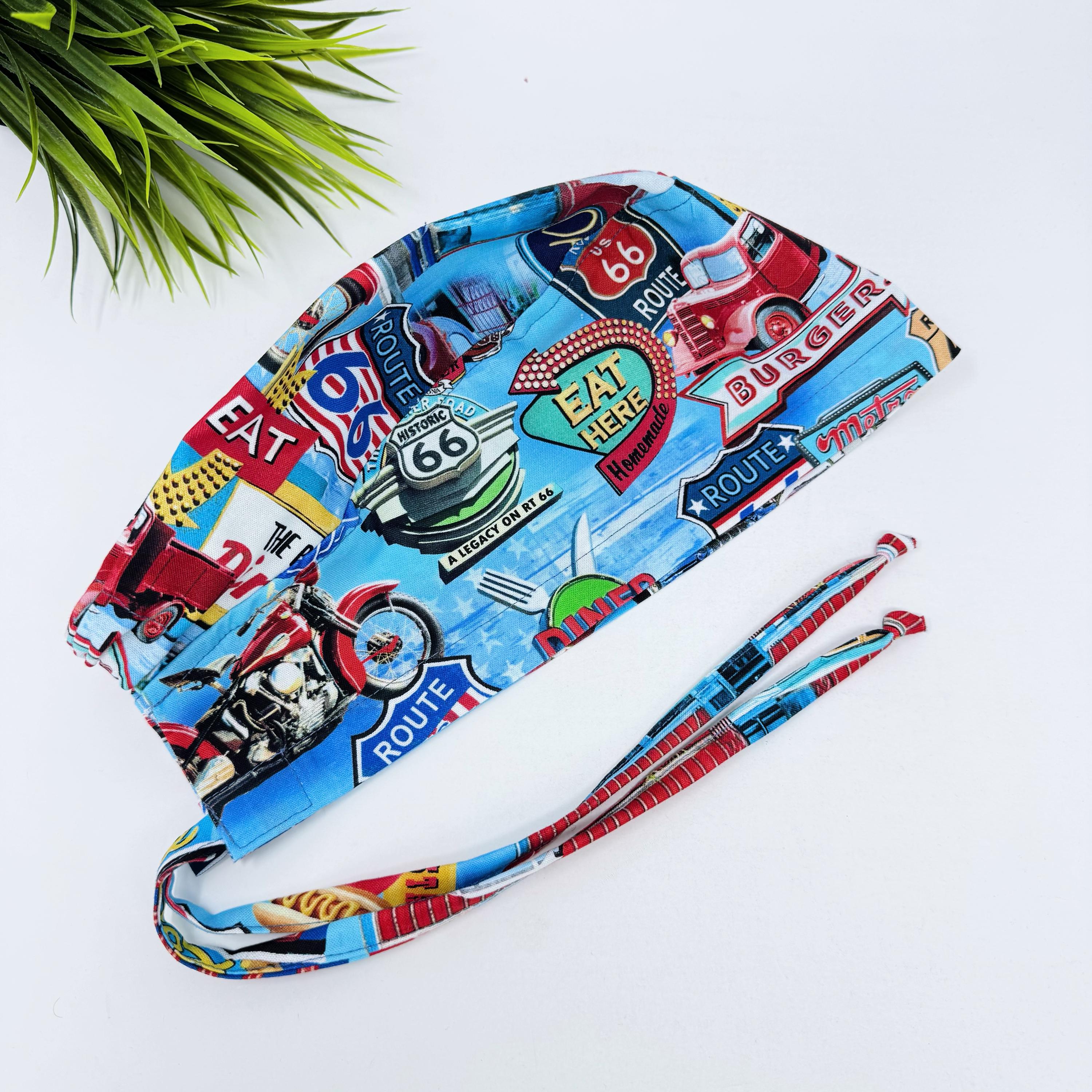 Men's surgical scrub cap. Route 66 Retro Diner satin lined option skull tie-back style scrub hat by Paradise Caps.