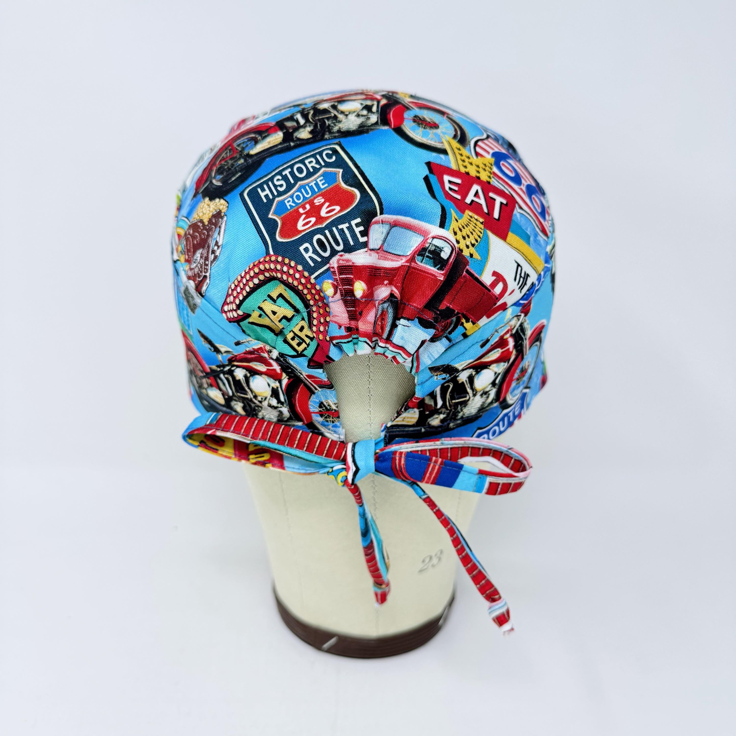 Men's surgical scrub cap. Route 66 Retro Diner satin lined option skull tie-back style scrub hat by Paradise Caps.