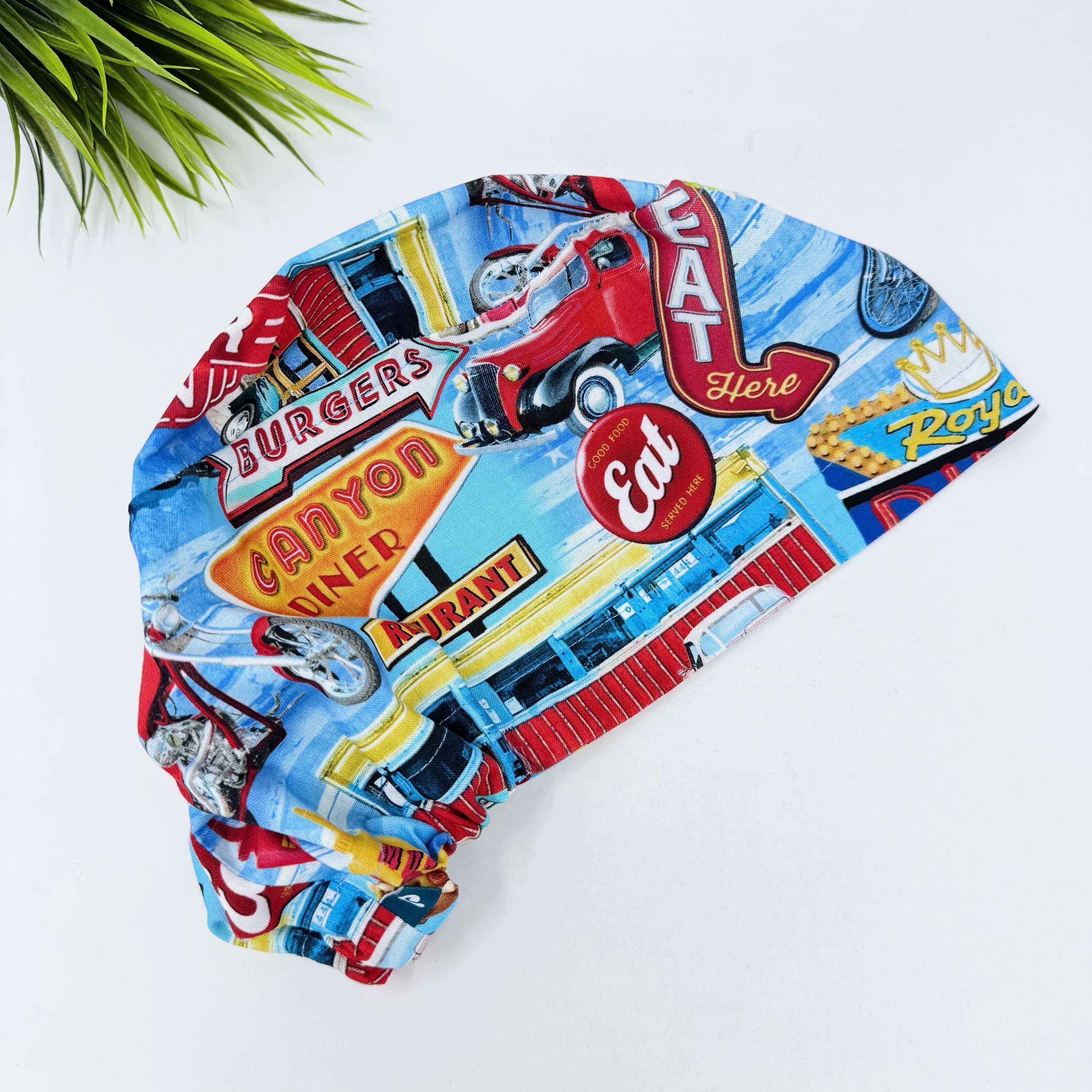 Euro Scrub Cap for Women. Route 66 Retro Diner European Surgical hat Satin Lined option by Paradise Caps.