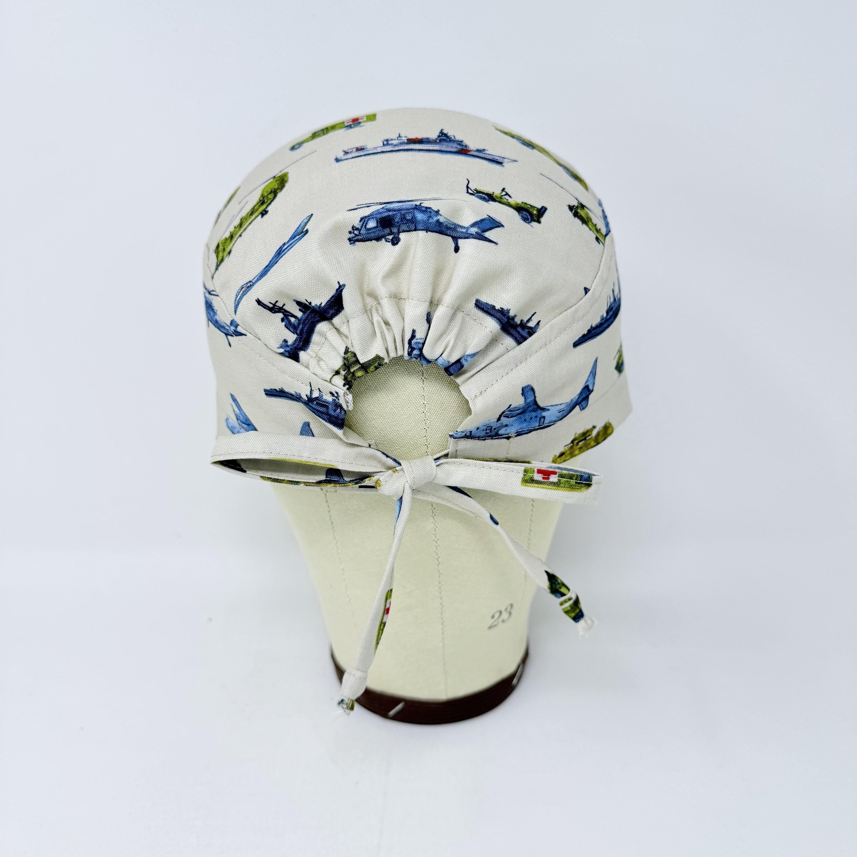 Men's surgical scrub cap. Military Aircraft satin lined option skull tie-back style scrub hat by Paradise Caps.