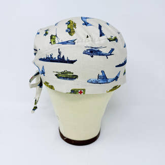 Men's surgical scrub cap. Military Aircraft satin lined option skull tie-back style scrub hat by Paradise Caps.