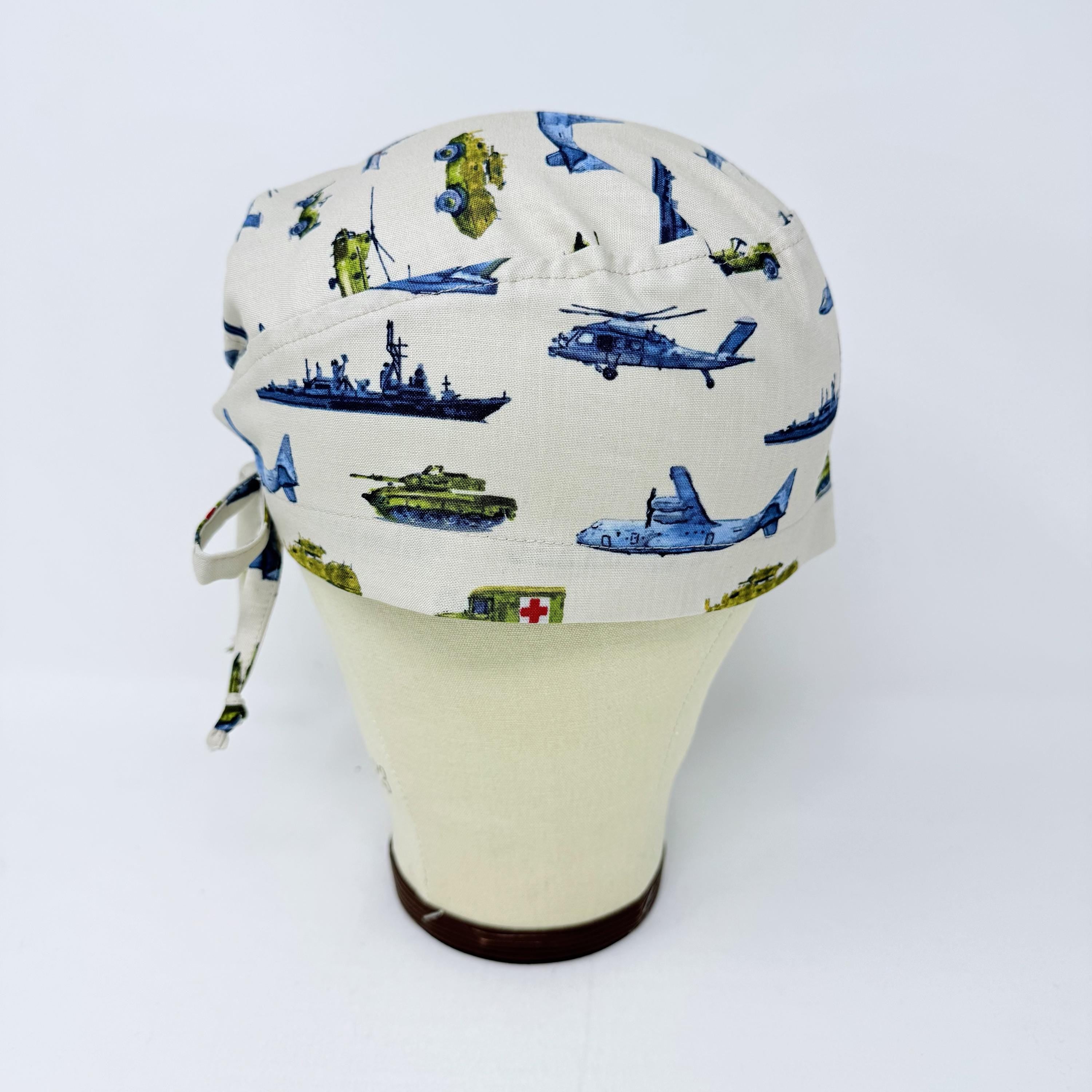 Men's surgical scrub cap. Military Aircraft satin lined option skull tie-back style scrub hat by Paradise Caps.