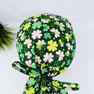 St. Patrick’s Day Ponytail Scrub Cap with satin lined by Paradise Caps. Shamrock - print.
