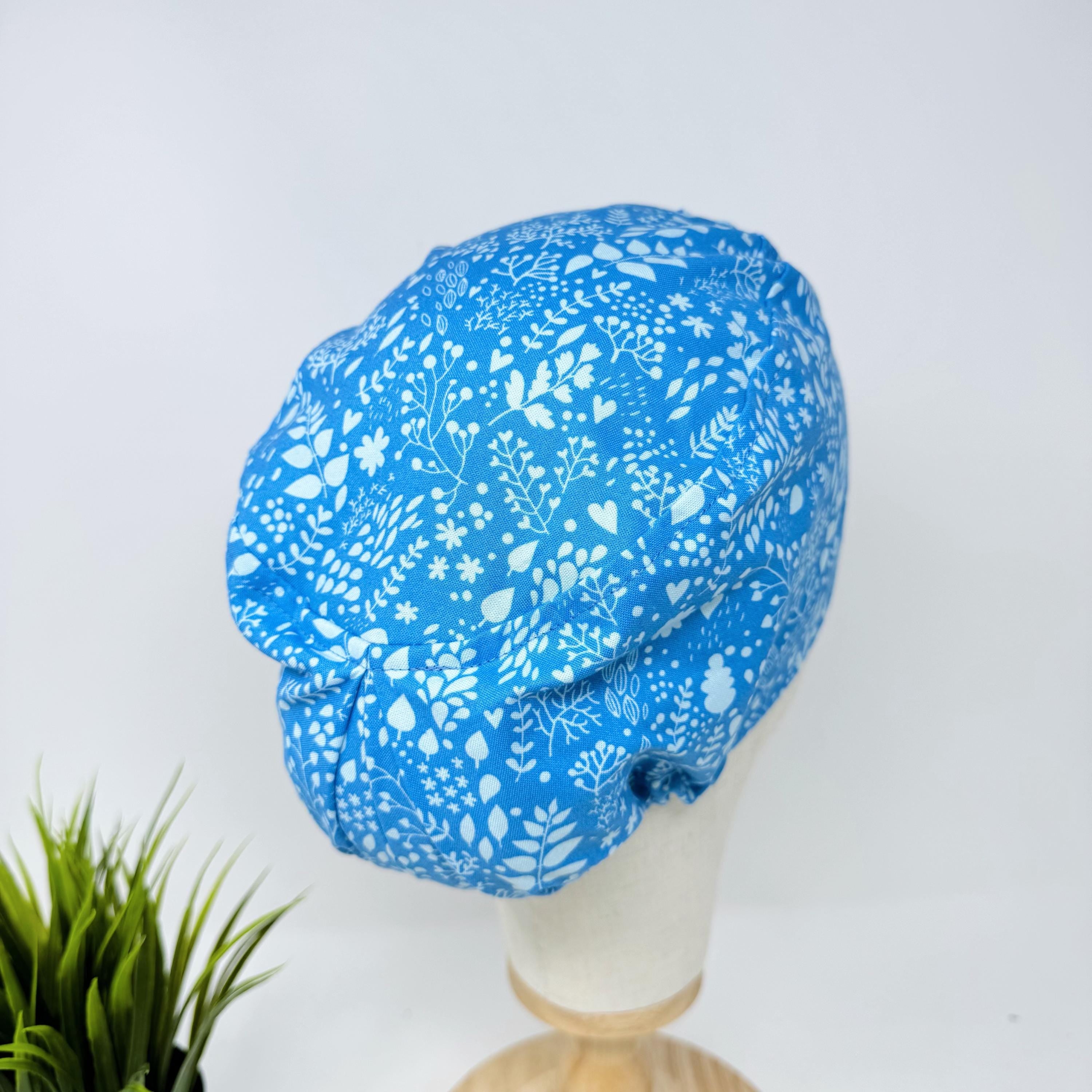 Calm Blue Floral European surgical hat with satin lined by Paradise Caps.