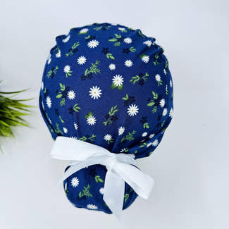 Euro scrub cap with ties for Women. Navy Daisy European Surgical cap with Satin Lined option by Paradise Caps. Euro PLUS style.