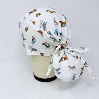 Ponytail scrub cap by Paradise Caps. Funny dogs Surgical hat for women with satin lined option.
