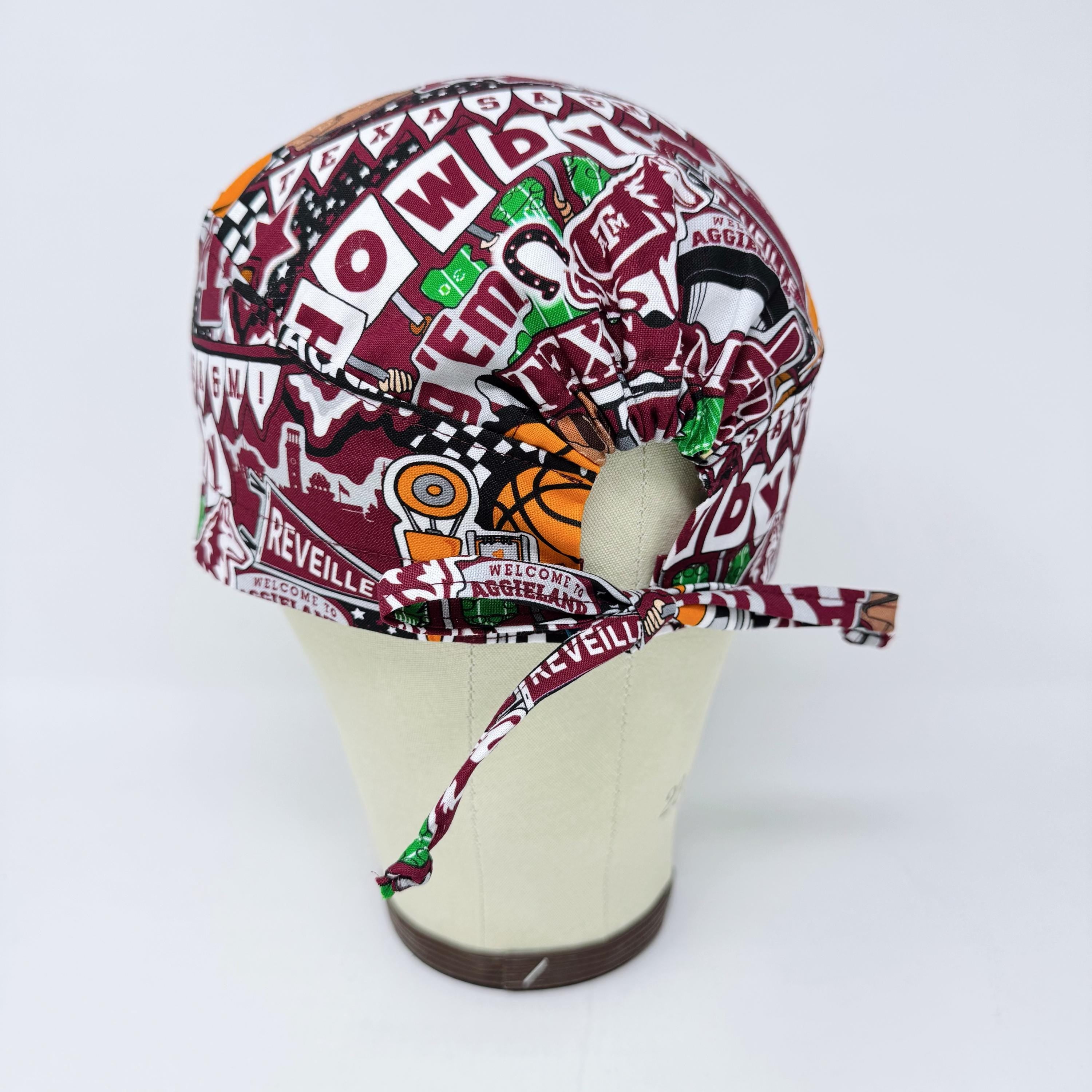 Texas Men's surgical cap. A&M skull tie-back style scrub cap by Paradise Caps.