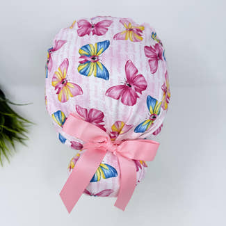 Pink Ribbon Euro scrub cap with ties for Women, Breast Cancer European Surgical cap with Satin Lined Option by Paradise Caps Euro PLUS style