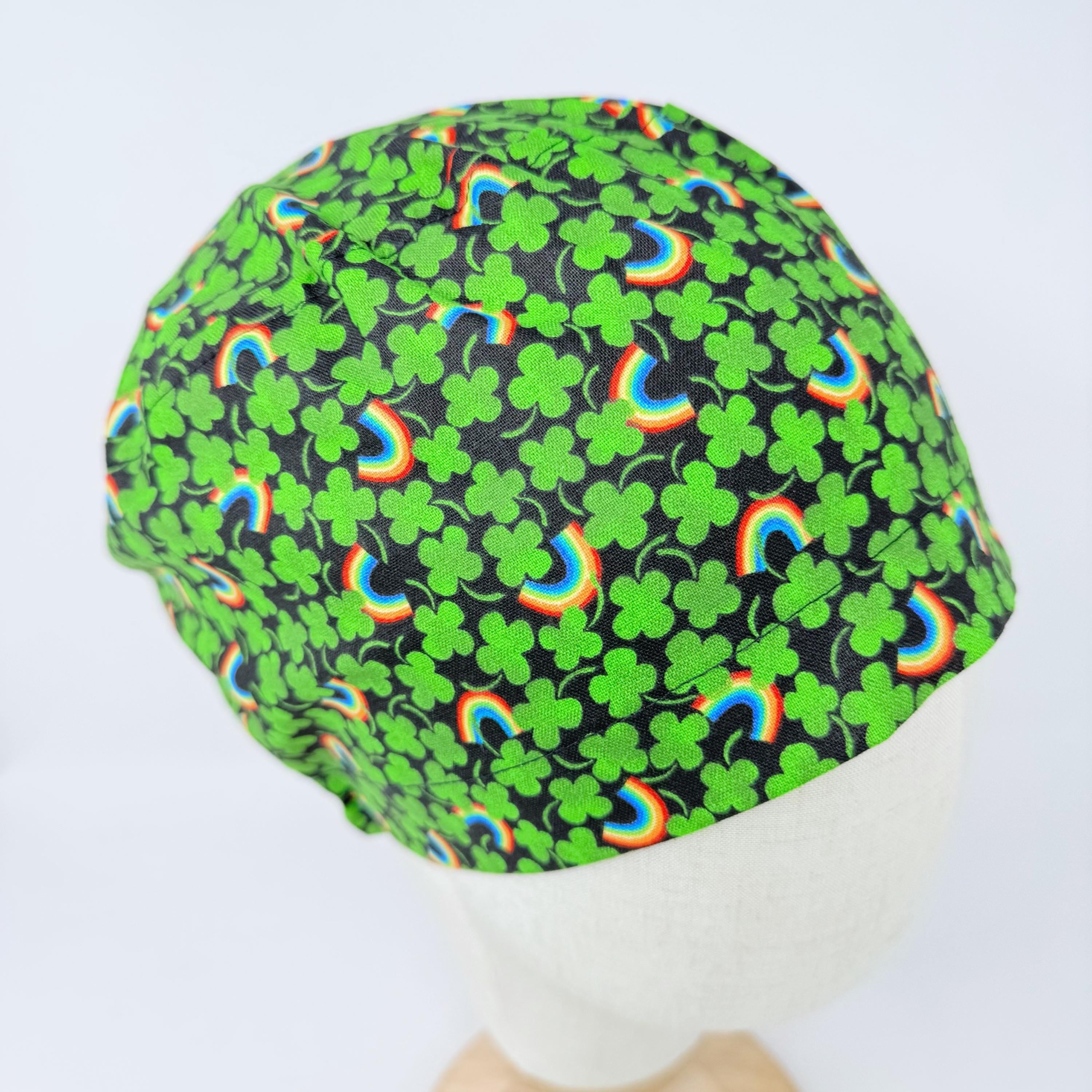Euro scrub cap for women. Lucky Rainbow European satin lined surgical hat by Paradise Caps. Shamrock - print.
