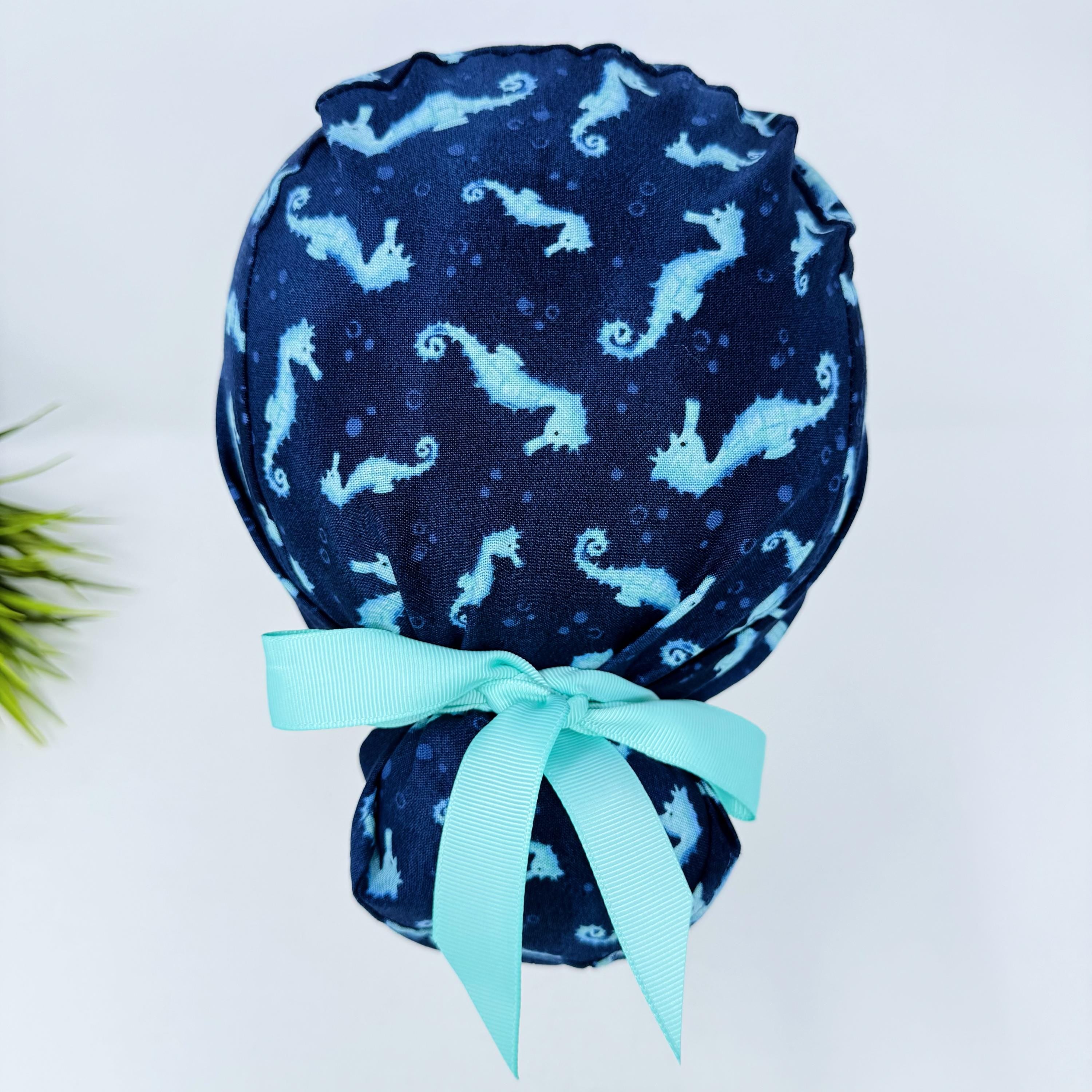 Euro scrub cap with ties for women. Ocean Seahorse Print European satin lined surgical cap by Paradise Caps. Euro PLUS style.