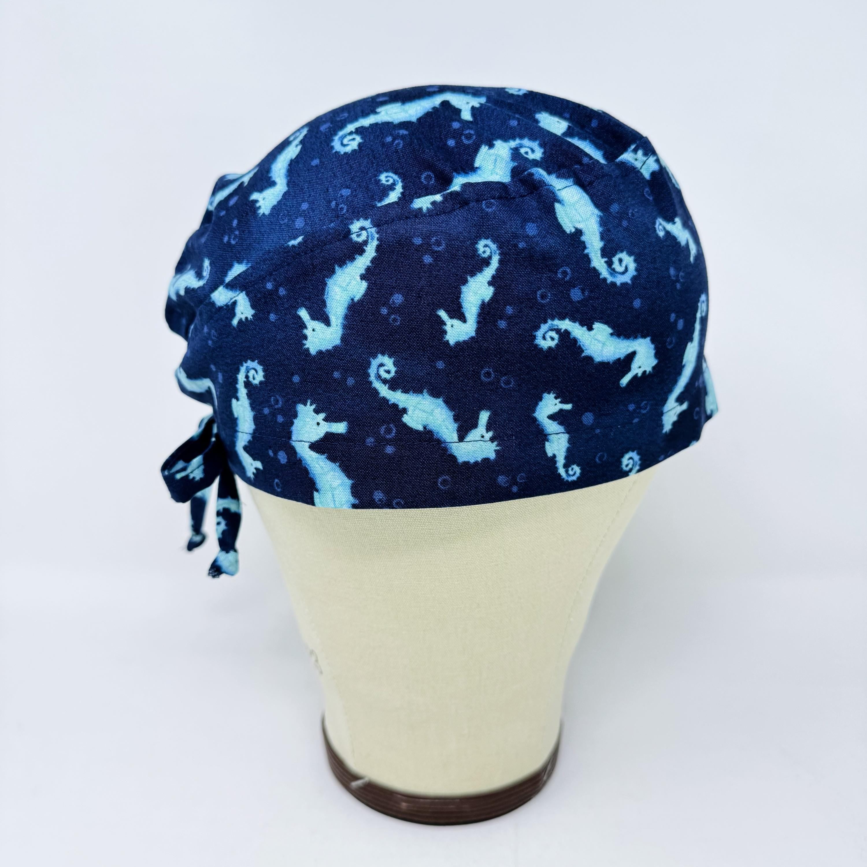 Mens Surgical scrub cap. Ocean Seahorse Print tie back scrub hat by Paradise Caps.