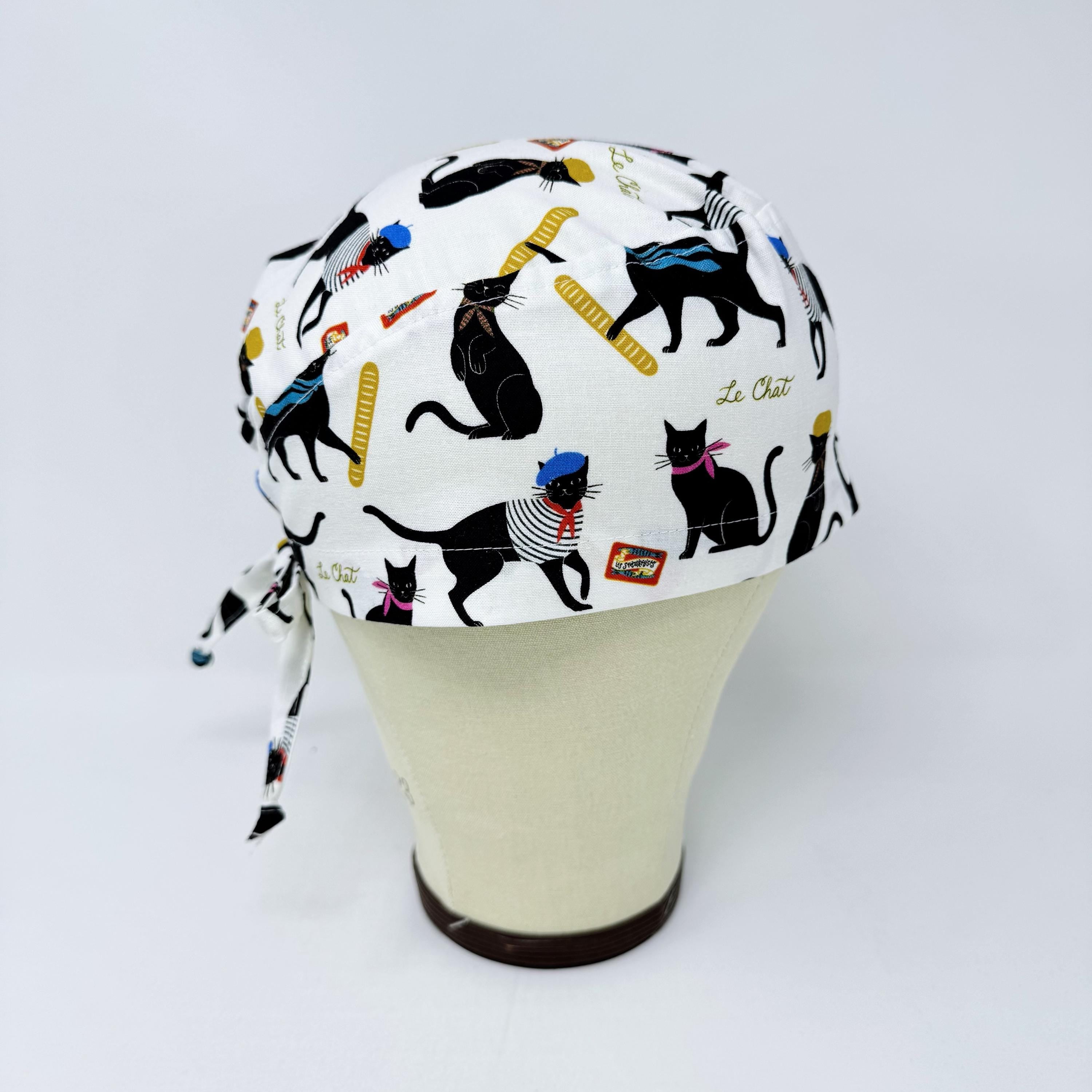 Surgical scrub cap for men. Parisian Cat tie back scrub hat by Paradise Caps.