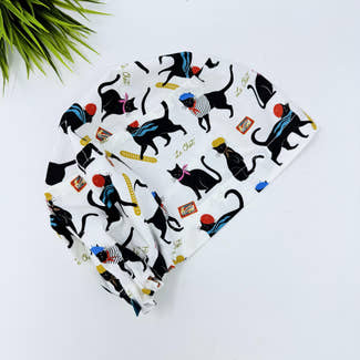 Euro scrub cap for women. Parisian Cat surgical hat with satin lined by Paradise Caps.