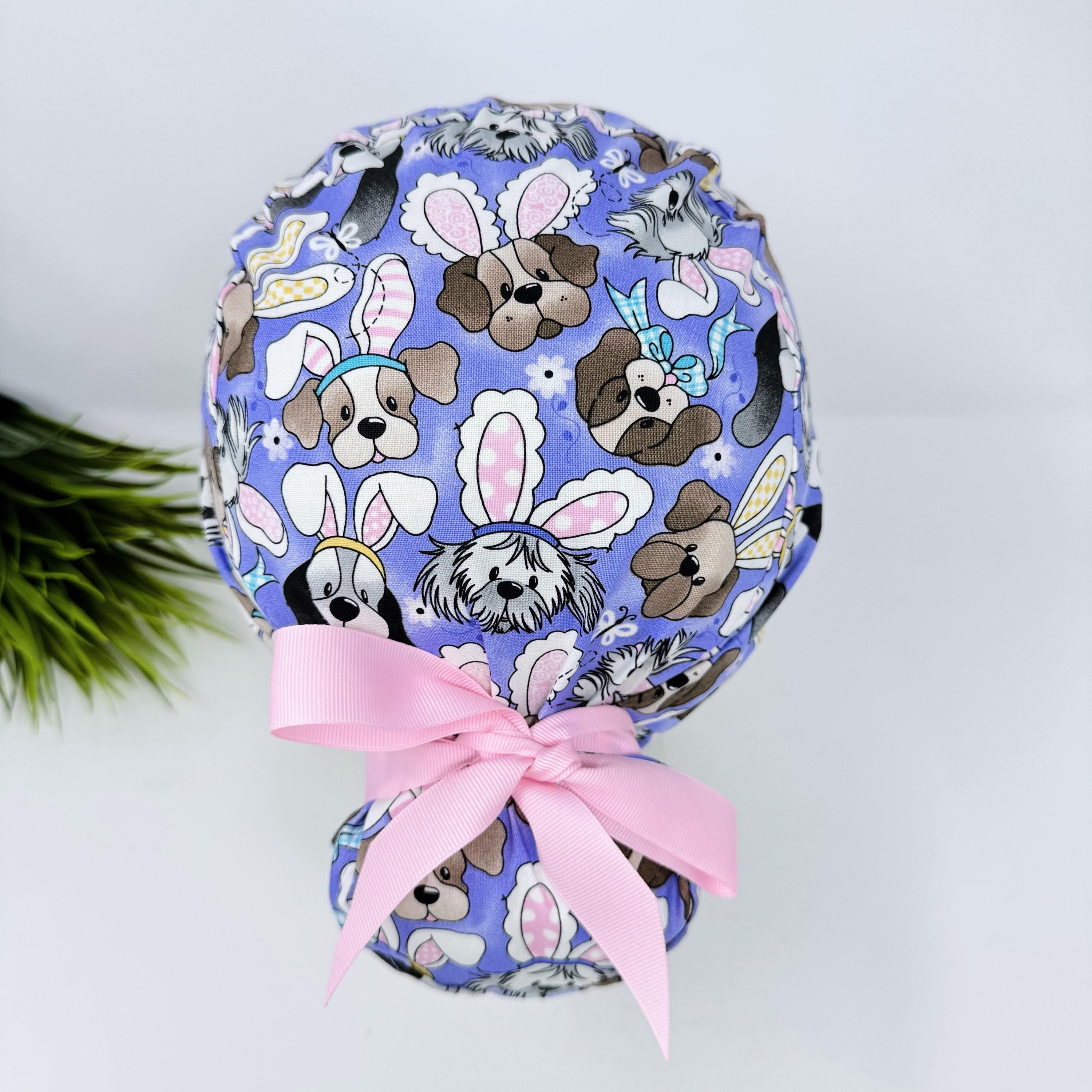 Euro scrub cap with ties for Women. Easter Bunny & Puppy European Surgical cap with Satin Lined option by Paradise Caps. Euro PLUS style.