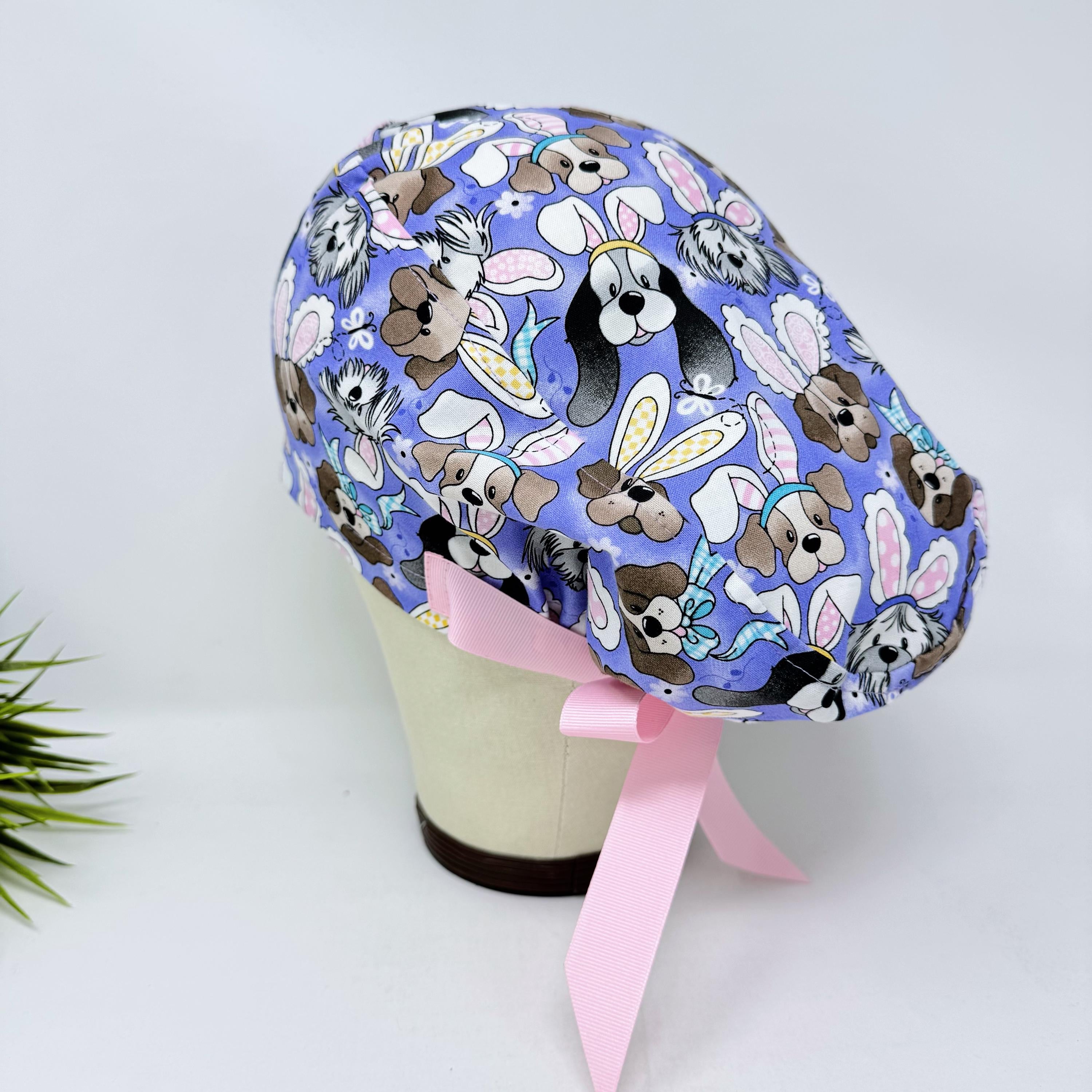 Euro scrub cap with ties for Women. Easter Bunny & Puppy European Surgical cap with Satin Lined option by Paradise Caps. Euro PLUS style.