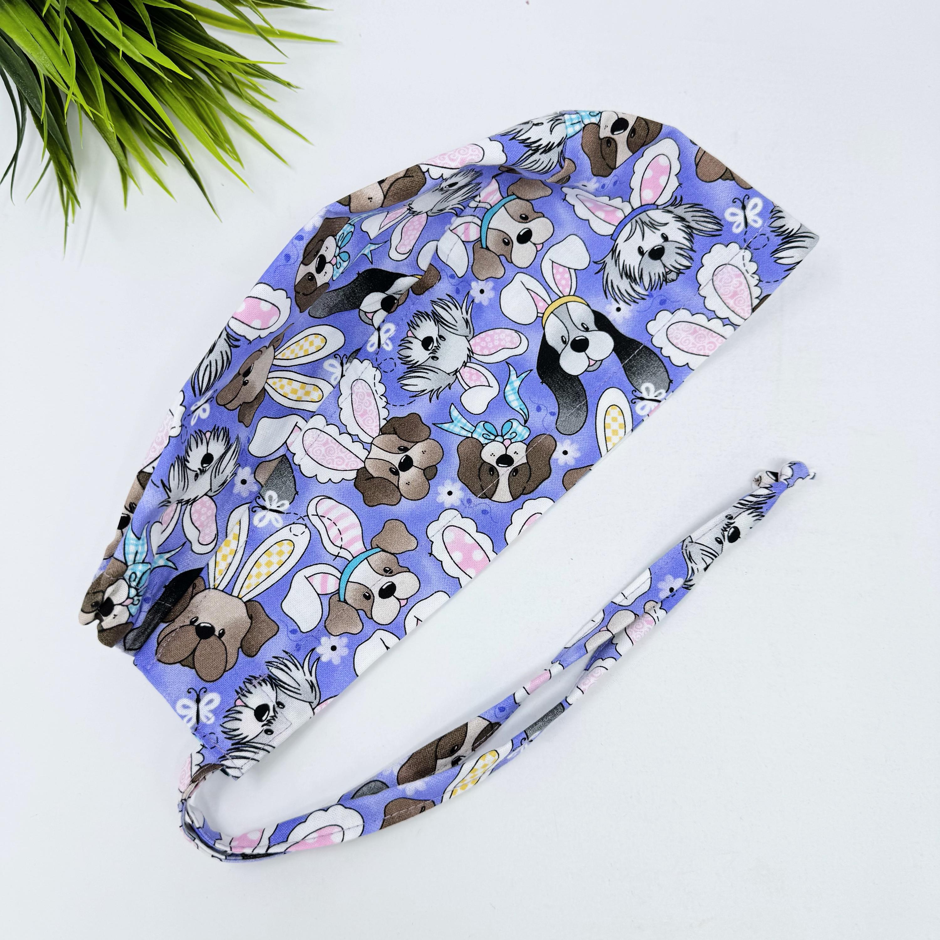 Men's surgical scrub cap. Easter Bunny & Puppy skull tie-back style scrub cap by Paradise Caps.