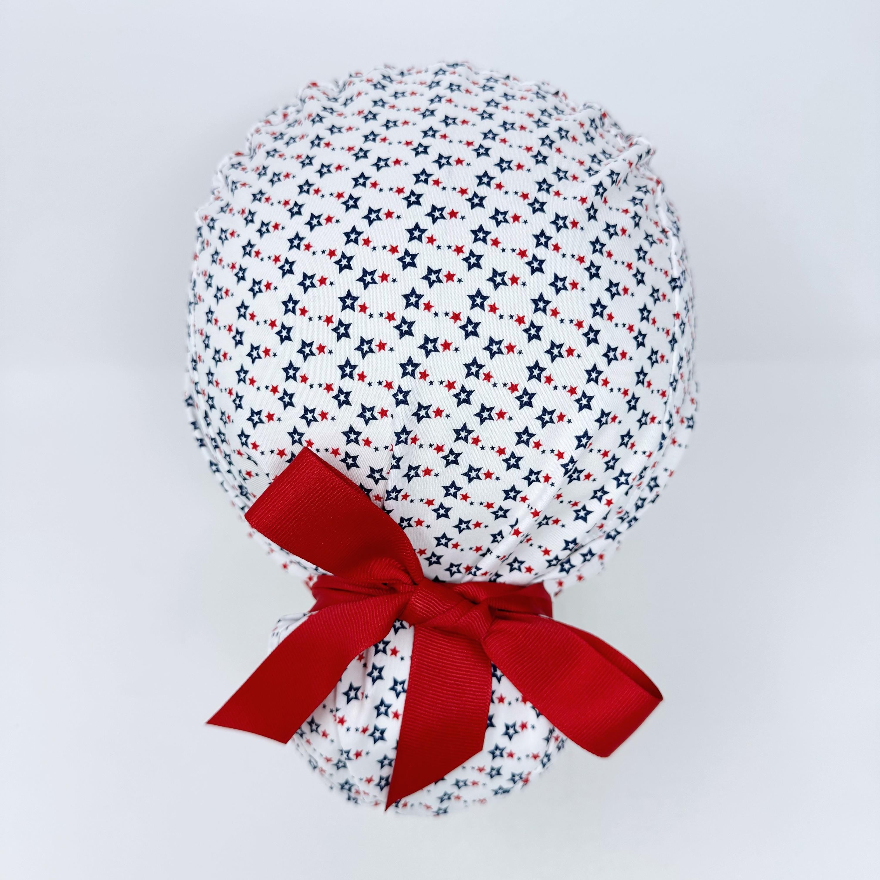 Euro scrub cap with ties for Women. Patriotic Stars European Surgical cap with Satin Lined by Paradise Caps. Euro PLUS style.